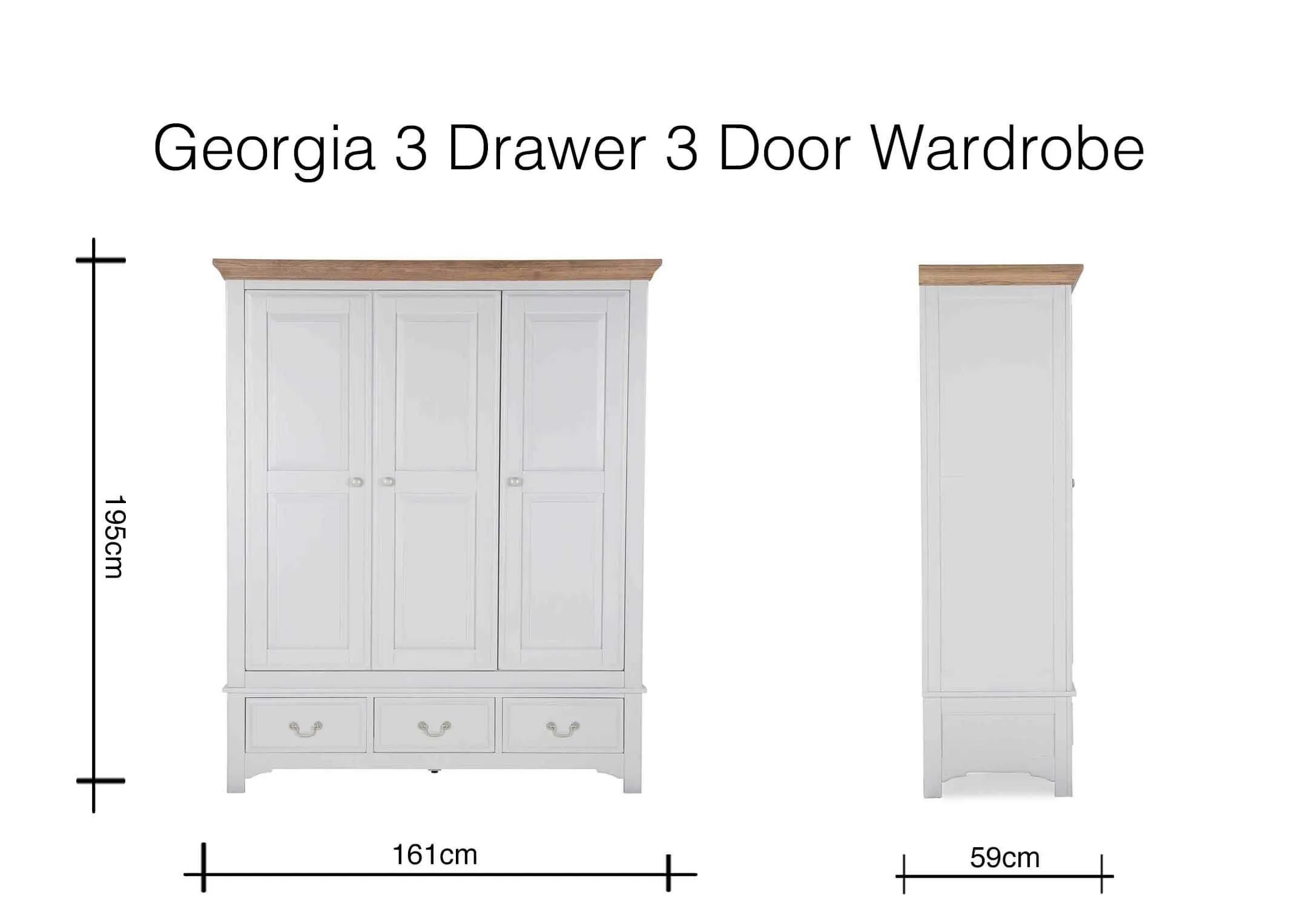 Dimension image for Georgia 3 door 3 Drawer wardrobe 195cm (Height) x 161cm (Width) x 59cm (Depth)