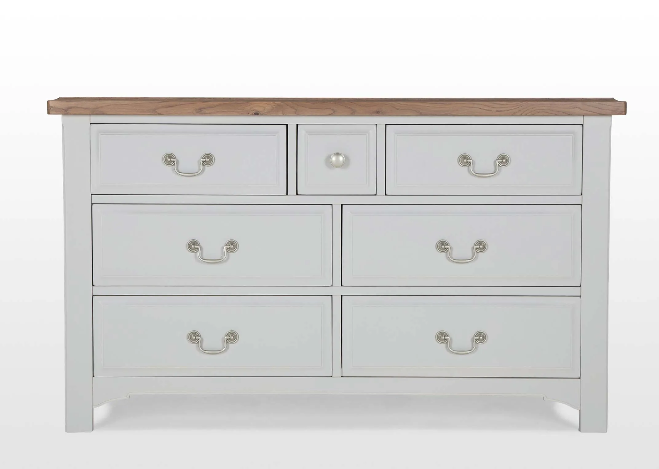 View of legs of the 3 over 4 drawer grey oak Georgia wide chest