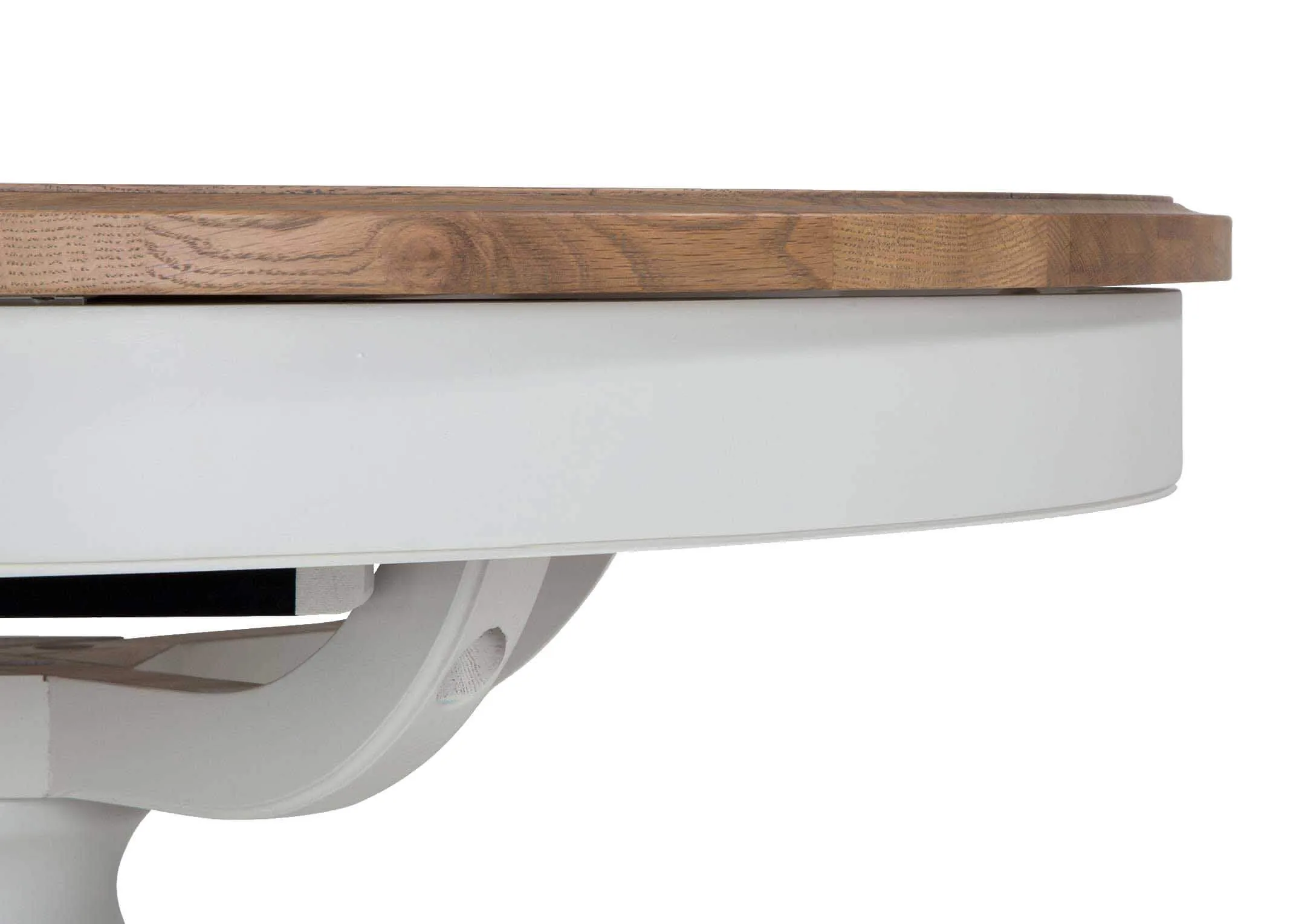 Top corner view of the grey oak extendable Georgia dining table with natural oak top
