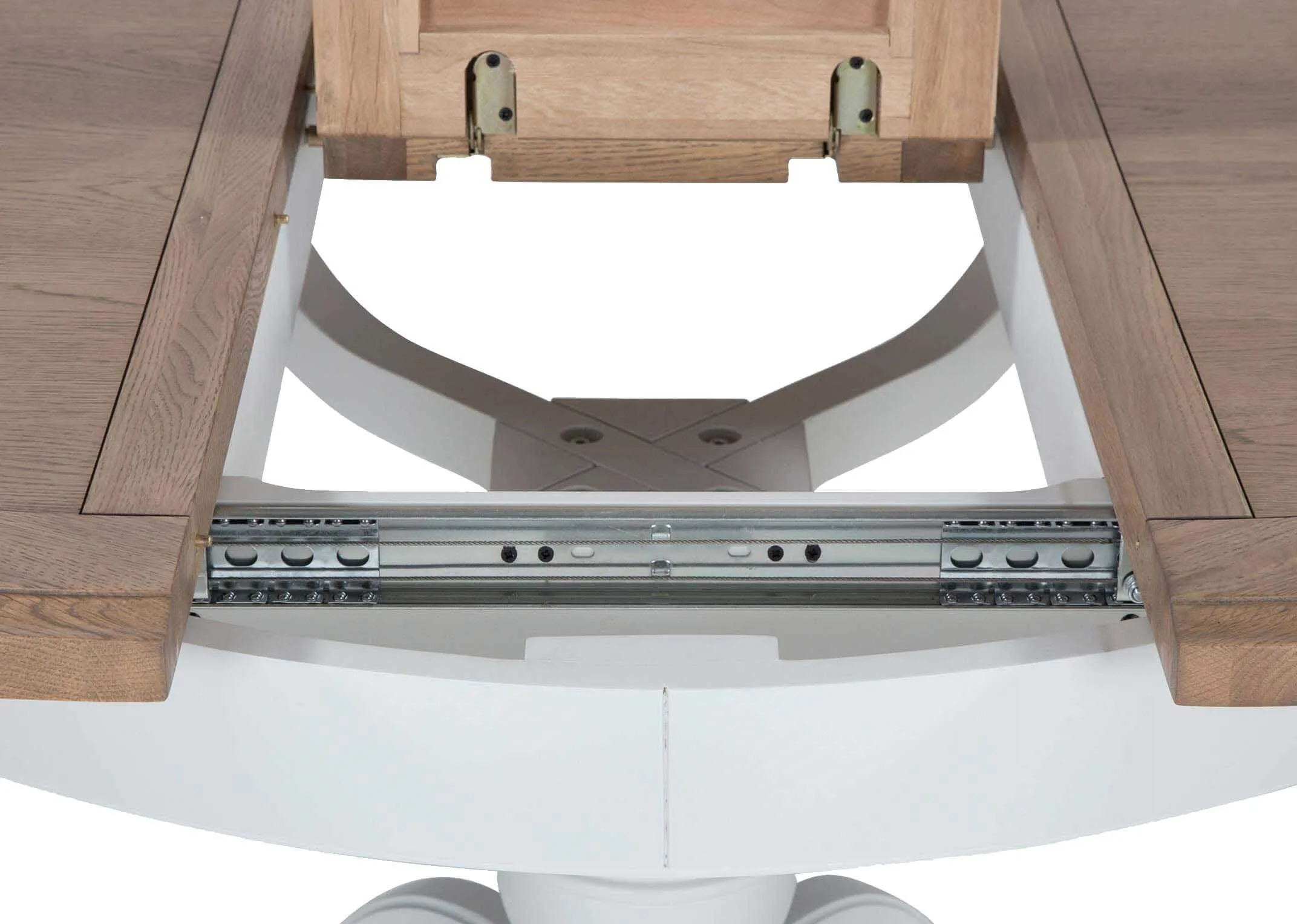 Extending mid section of the grey oak extendable Georgia dining table with natural oak top