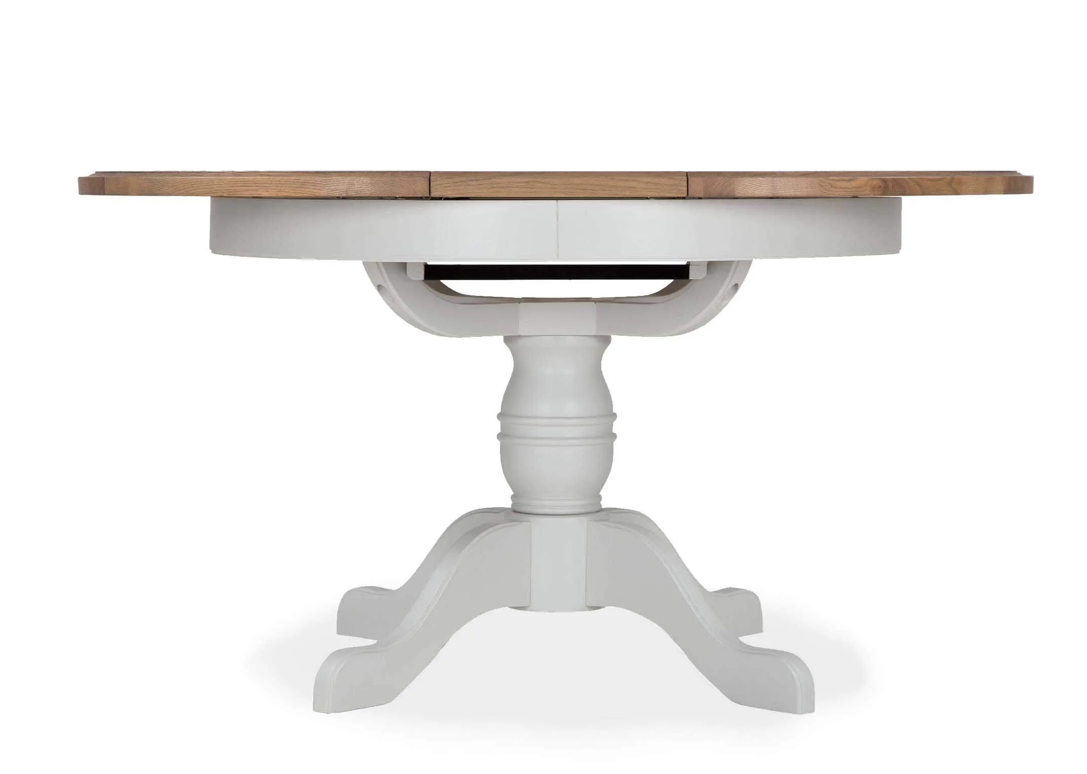View from front of the grey oak extendable Georgia dining table with natural oak top