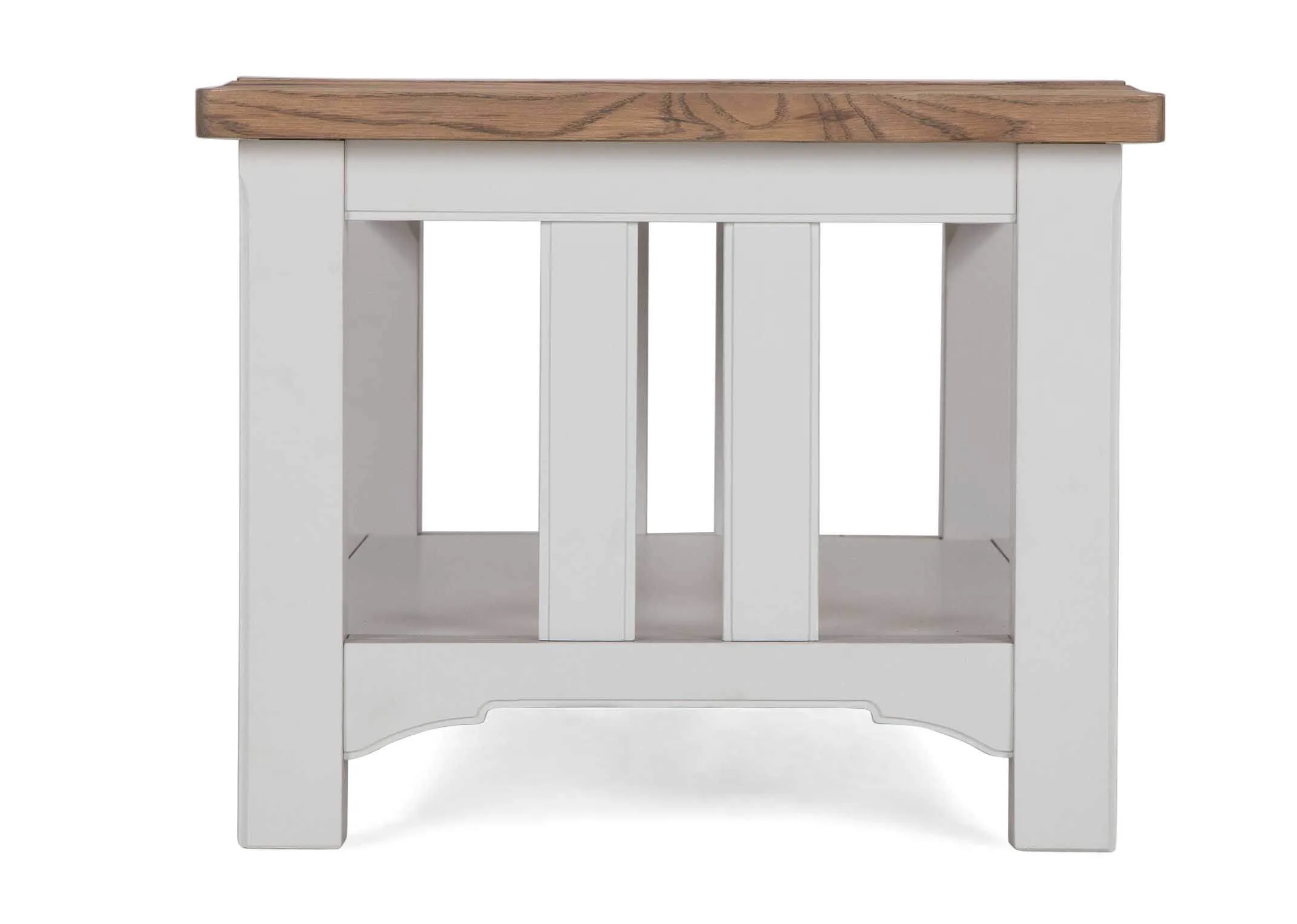 An image taken from the side of the Georgia grey oak coffee table.