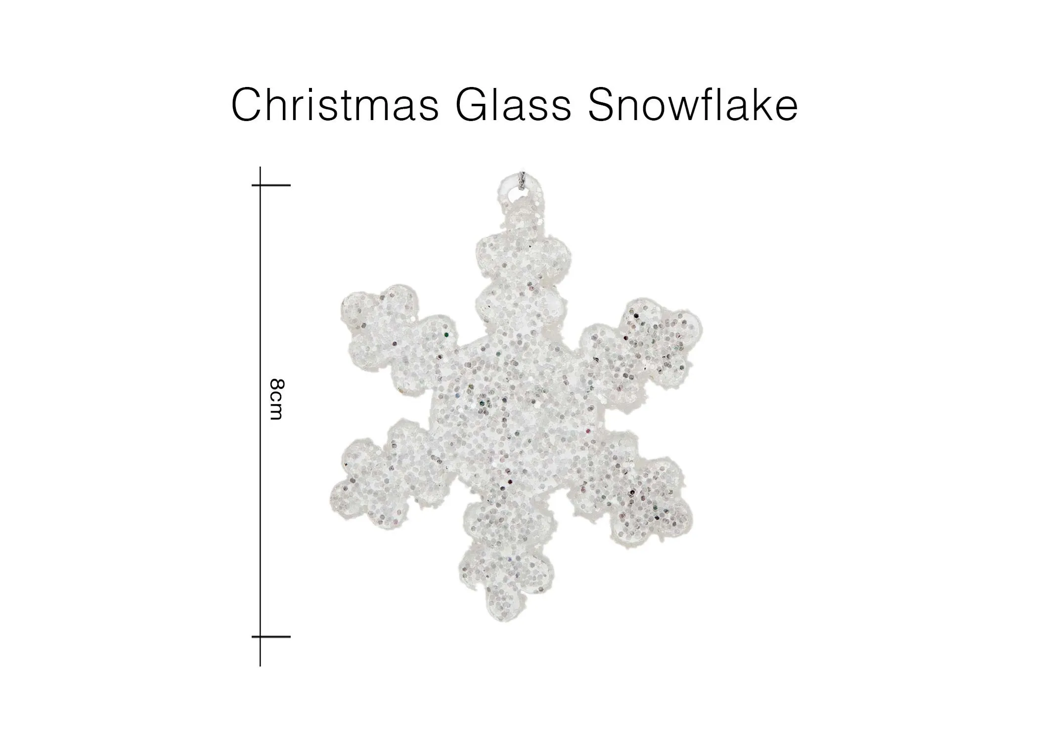 A dimension image of the Glass Snowflake Christmas decoration with 8cm (Height)