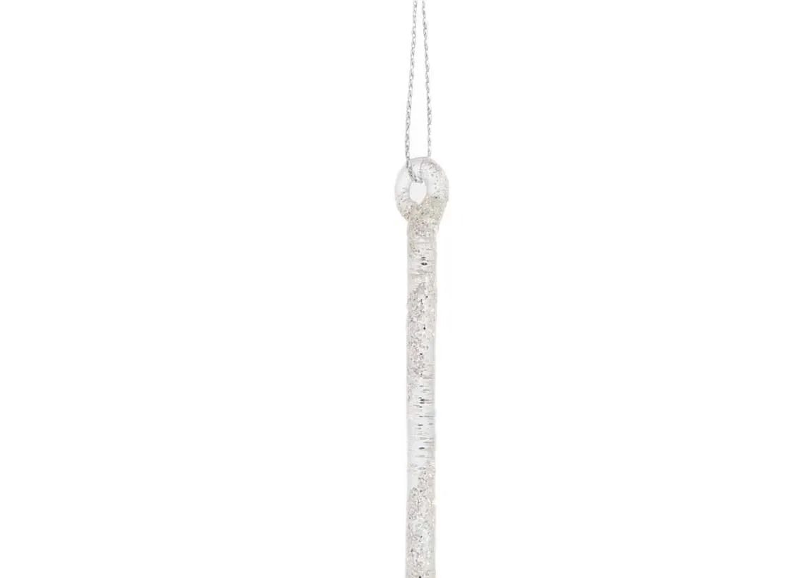 Small Christmas Icicle decoration in a closeup image of the top and hook to attach to tree