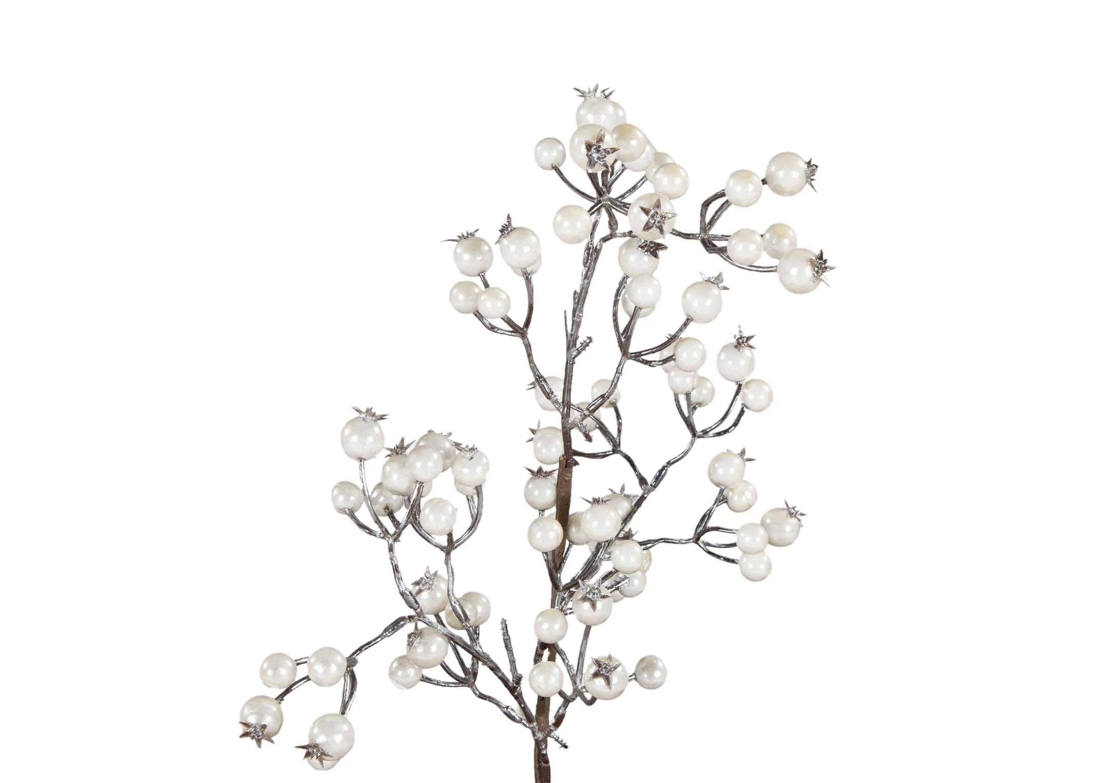 A close up top view of Christmas Pearl spray highlighting the pearls attached to the branch.