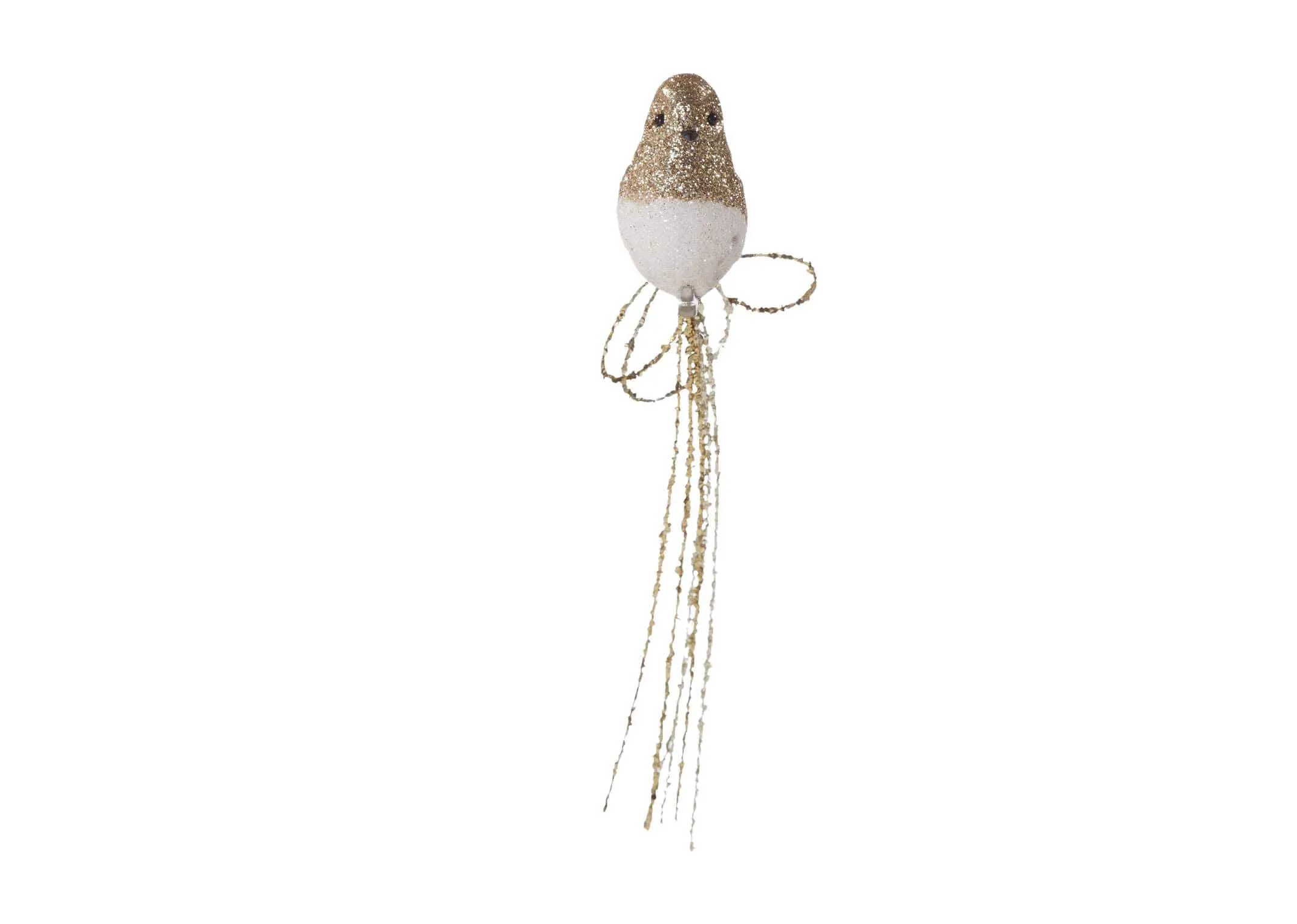 A front view of the Christmas bird with long tail highlighting the gold glitter work.