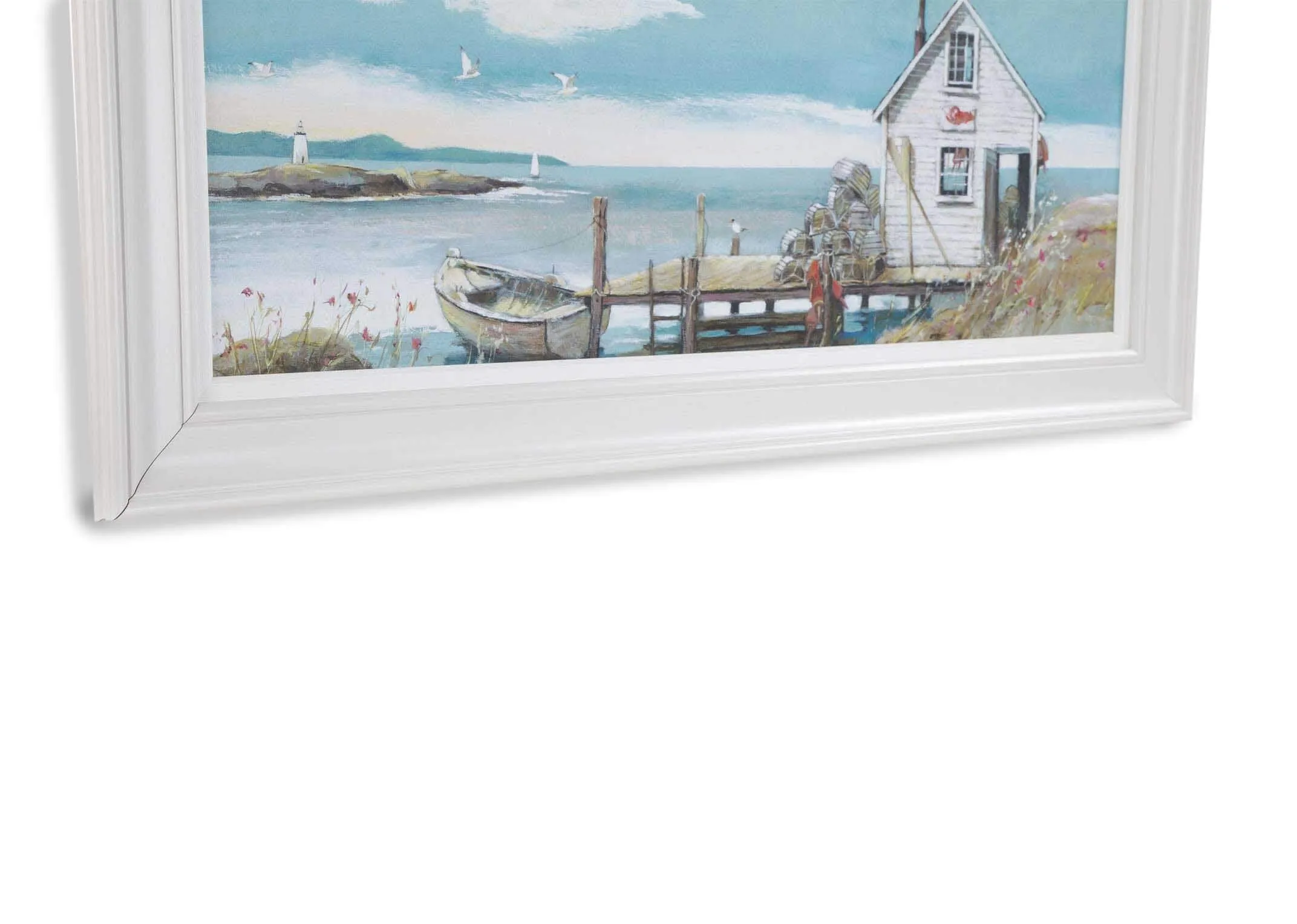 Detailed close-up view of the framed Adelene Fletcher print showing the bottom half of the picture and the white frame