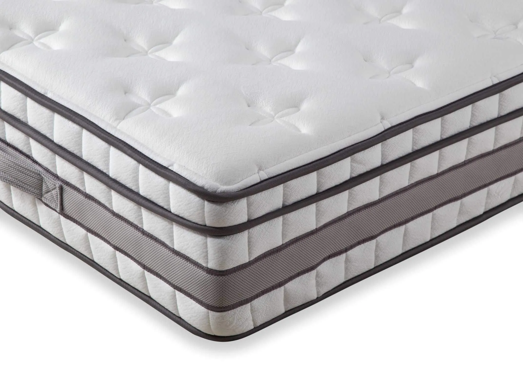 A lifestyle image of the 3 feet single Cashmere mattress including a grey bedframe.