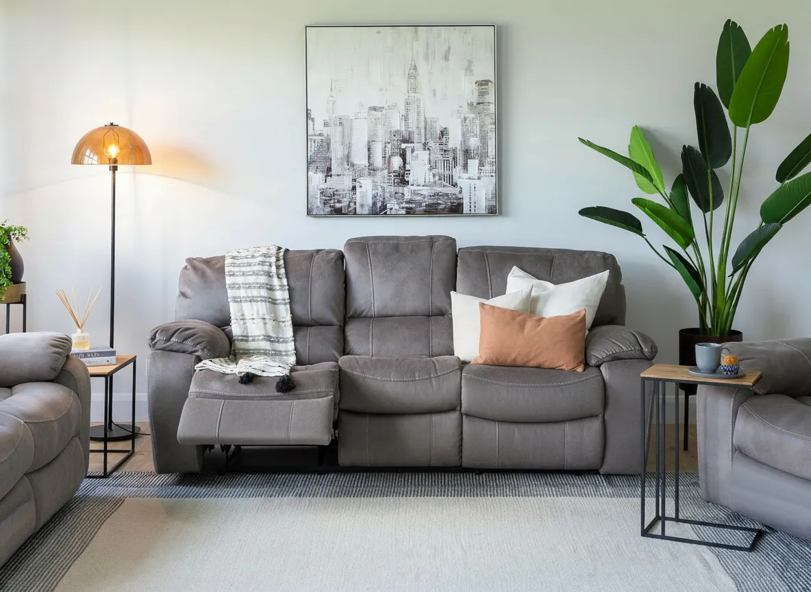 3 Seater Grey Suede Fabric Reclining Sofa - Bradford