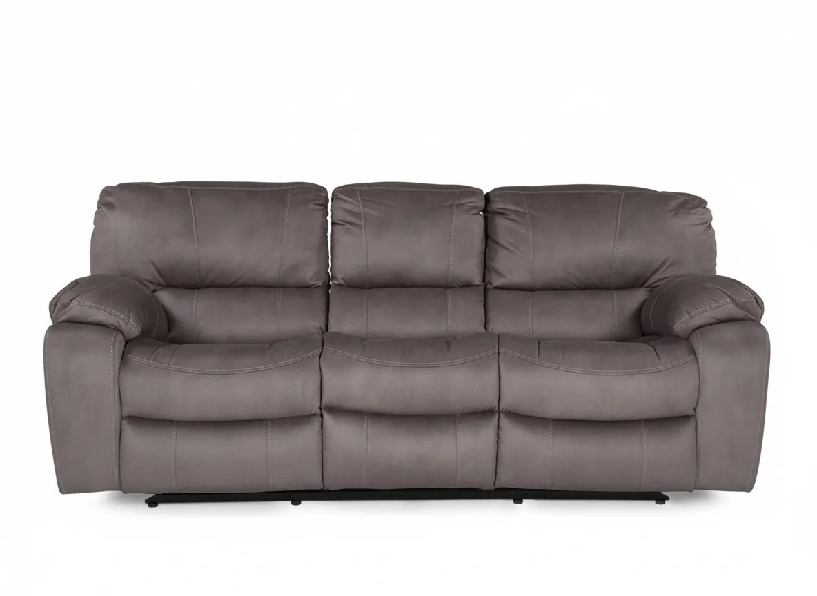 View from side of three seater grey suede reclining Bradford sofa showing reclining mechanism