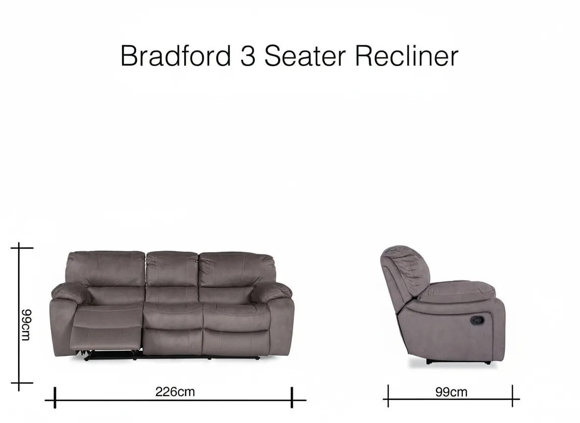 Dimensions of Bradford three seater grey suede recliner sofa - 226 cm (Width) x 99 cm (Depth) x 99 cm (Height)