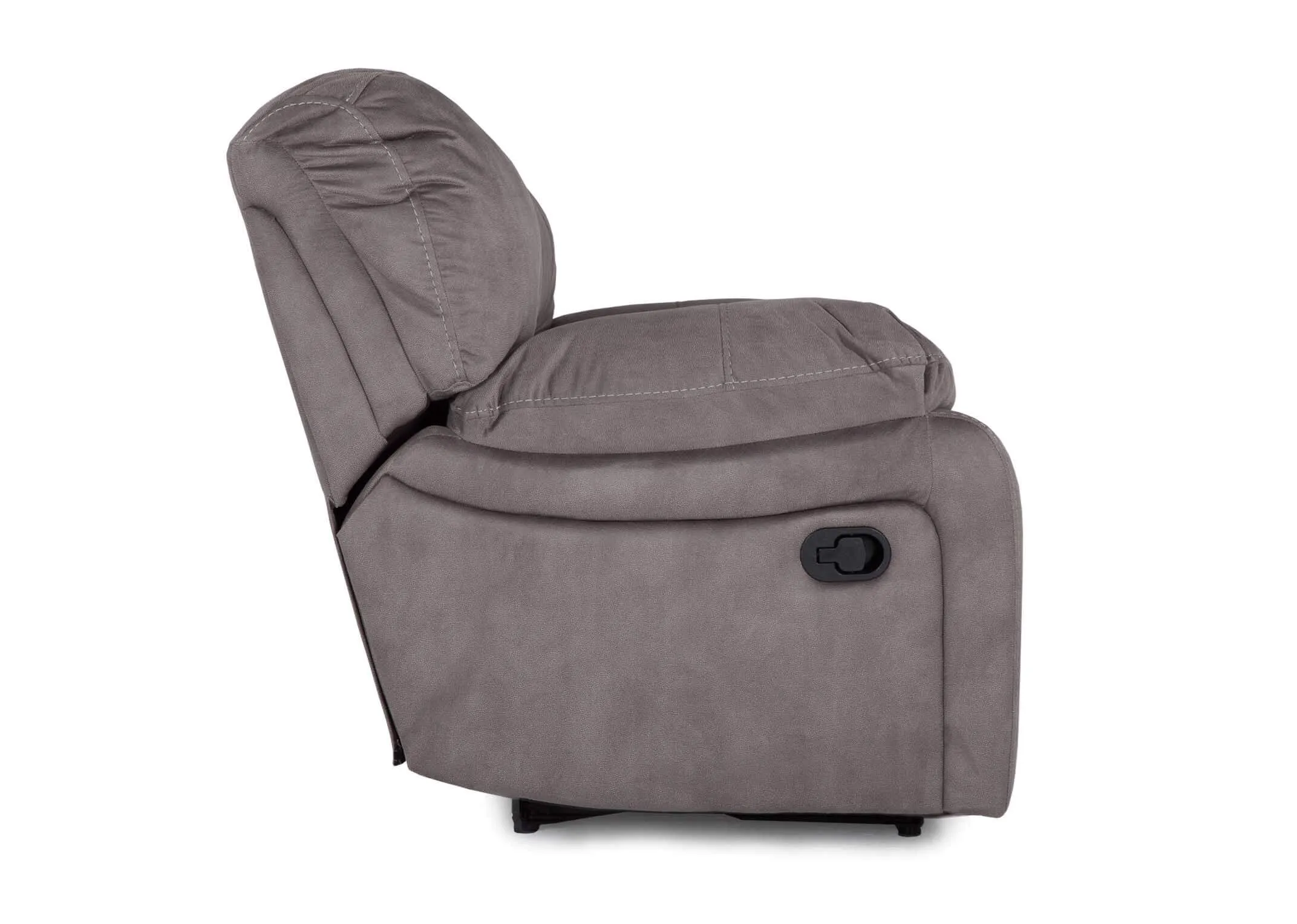 View from side of three seater grey suede Bradford recliner sofa