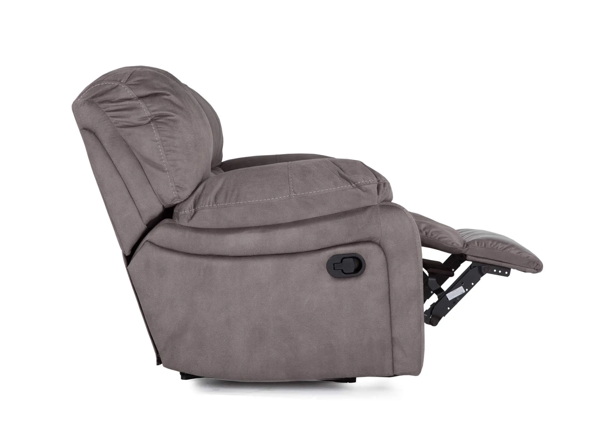 View from back of three seater grey suede Bradford recliner sofa