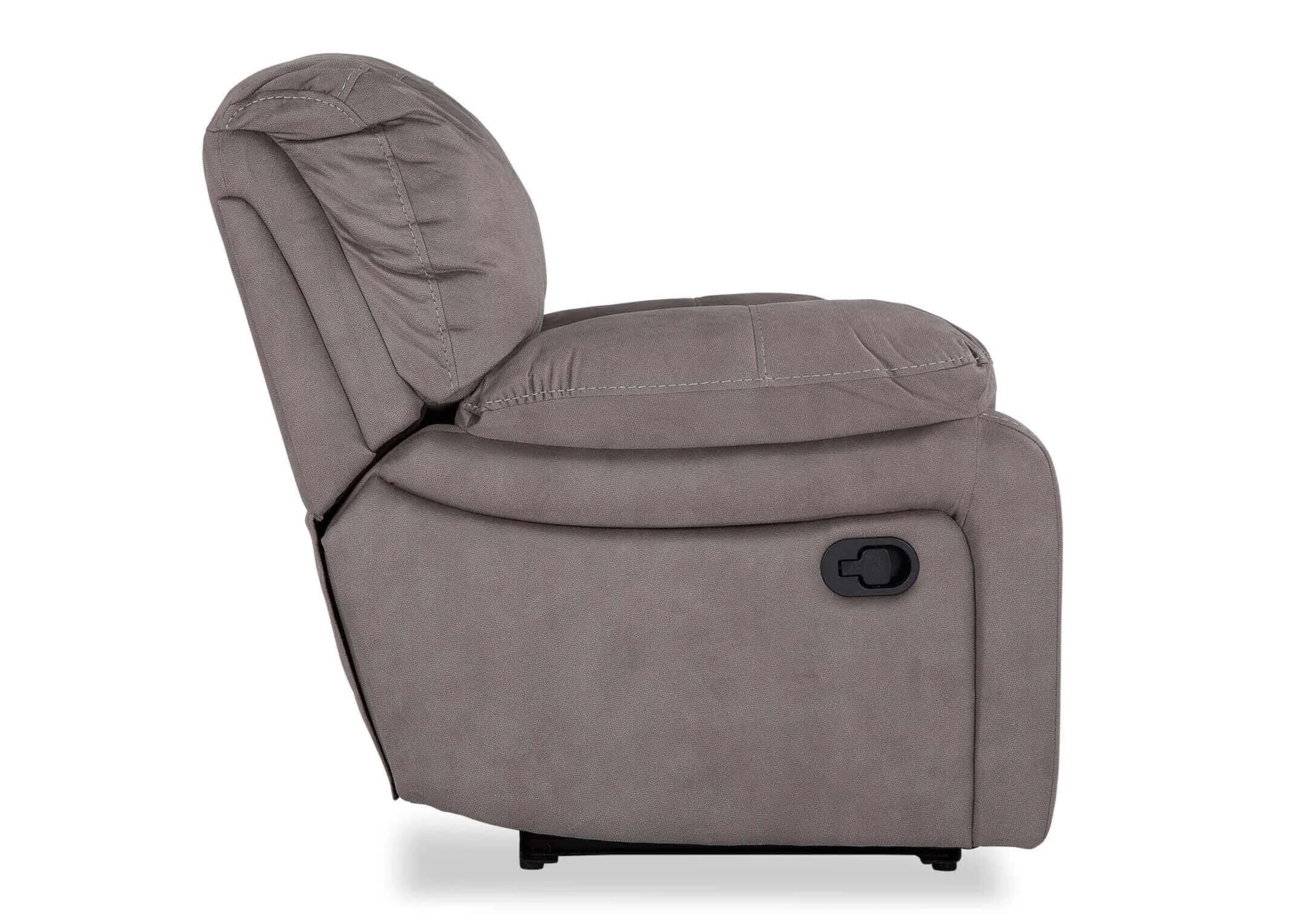 Side view of the Bradford 2 seater grey reclining sofa in a fully reclined position
