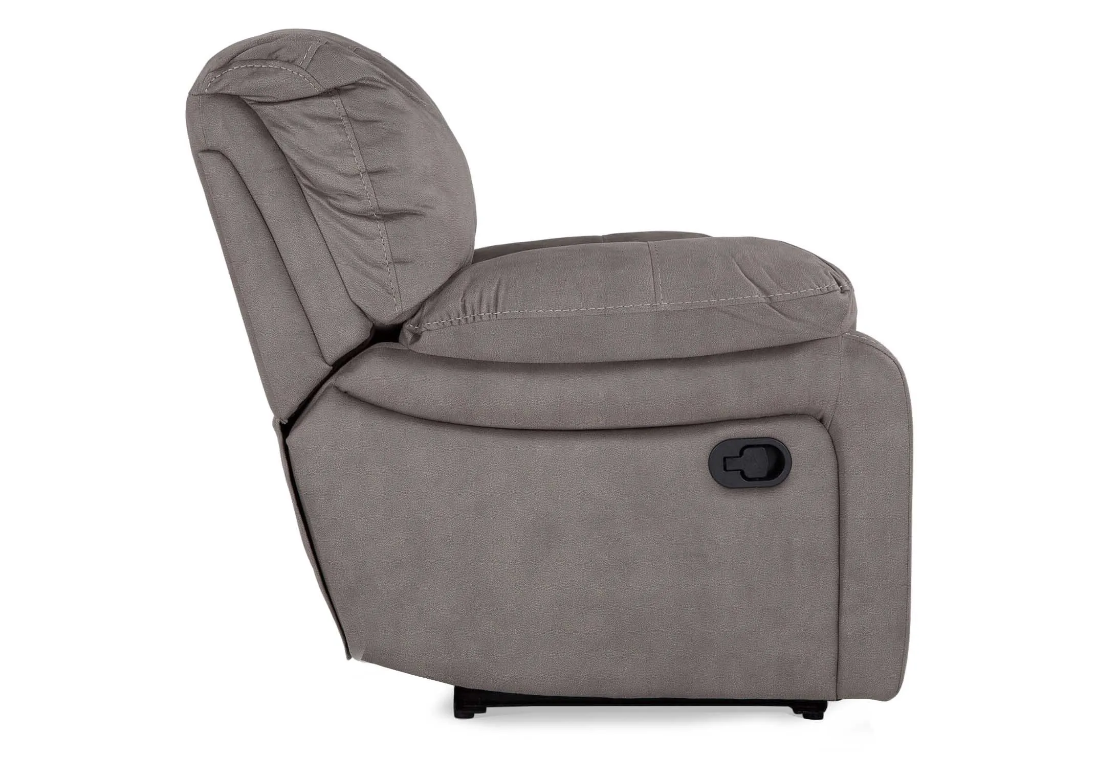 Side-view of grey suede fabric Bradford reclining armchair
