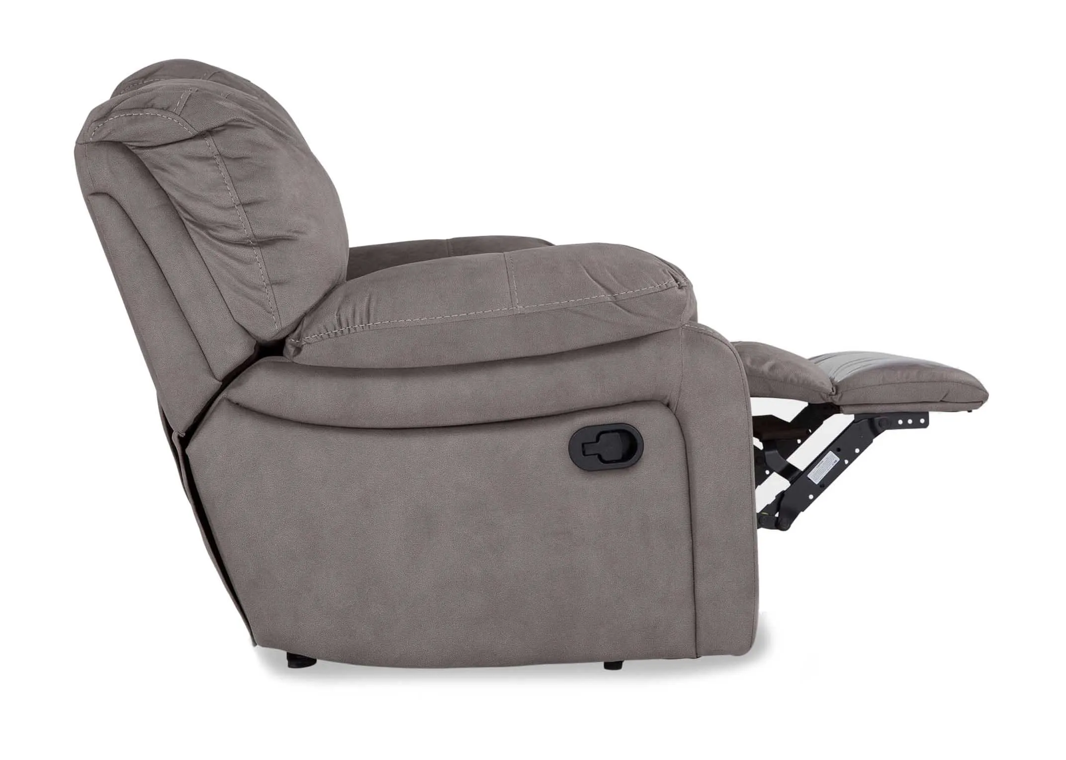 View from side partially declined of grey suede fabric Bradford reclining armchair