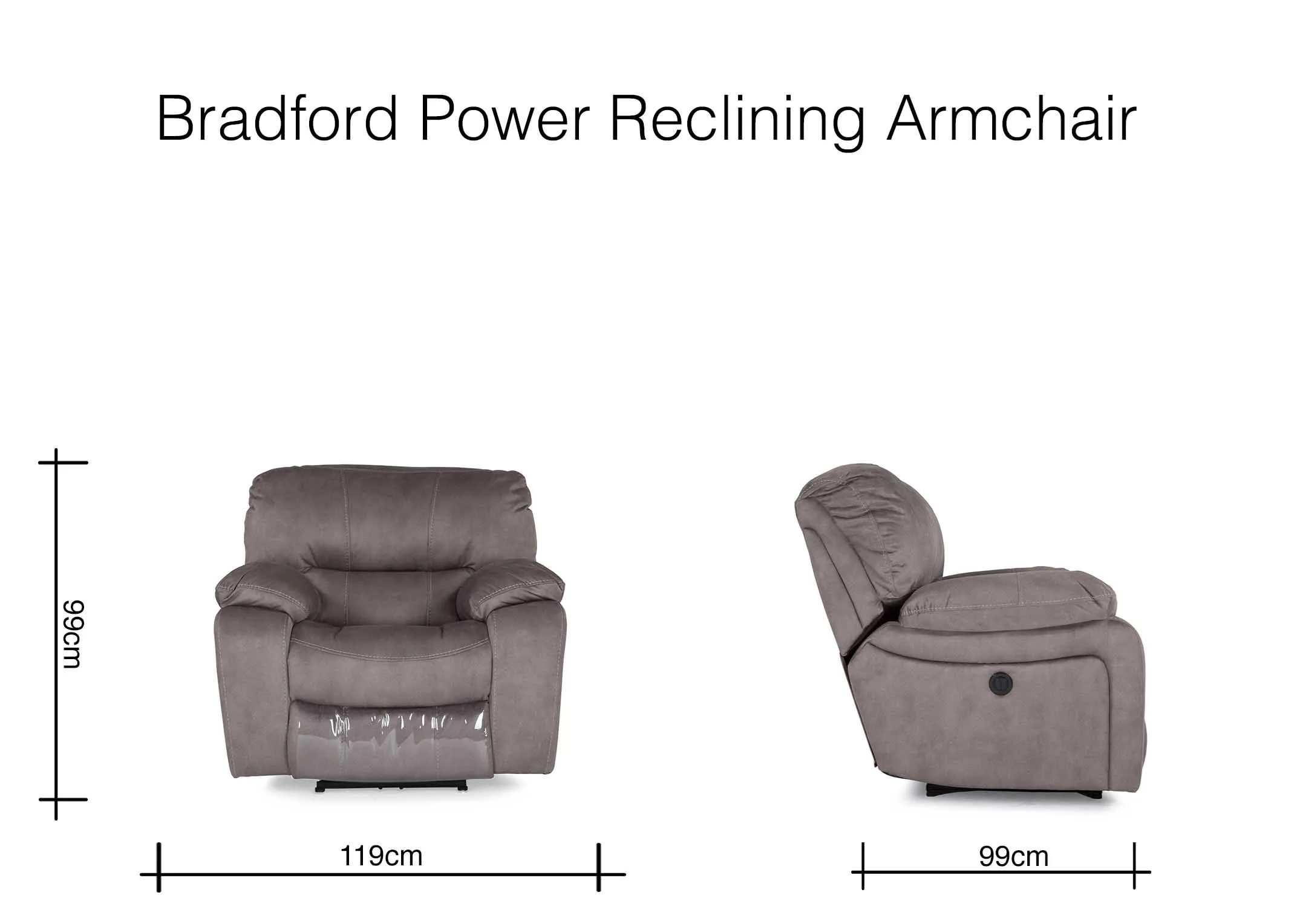 Dimensions of grey suede power reclining Bradford armchair - 119 cm (Width) x 99 cm (Depth) x 99 cm (Height)