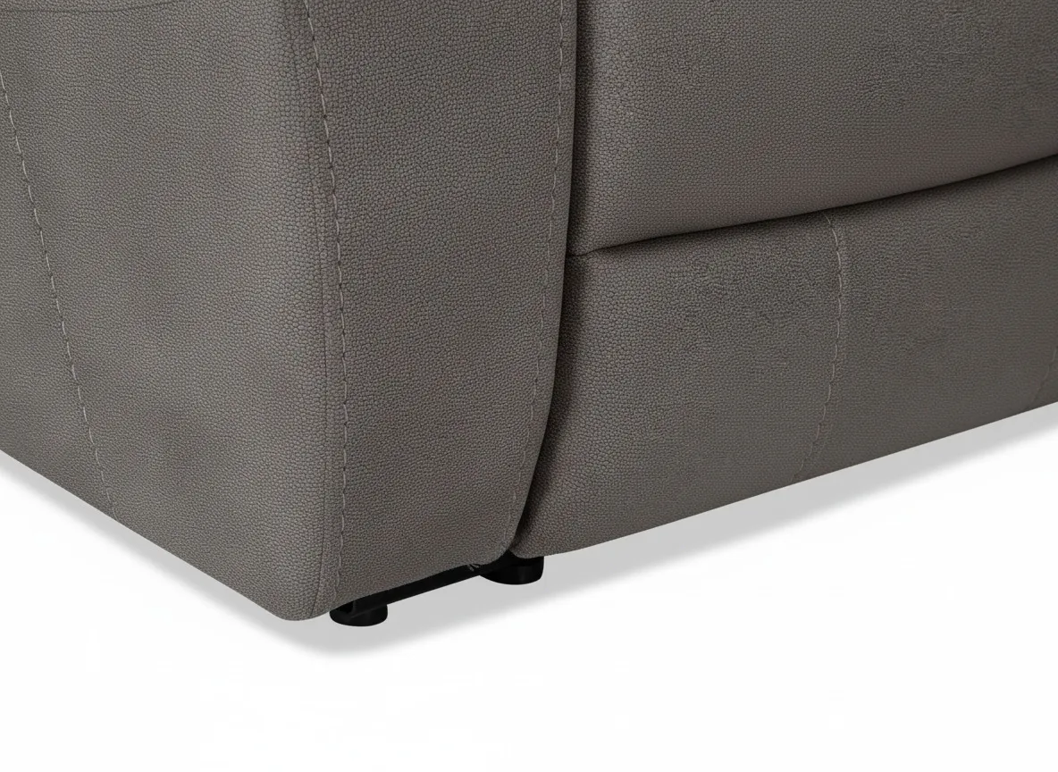 Seat and arm rest detail of grey suede Bradford reclining armchair 