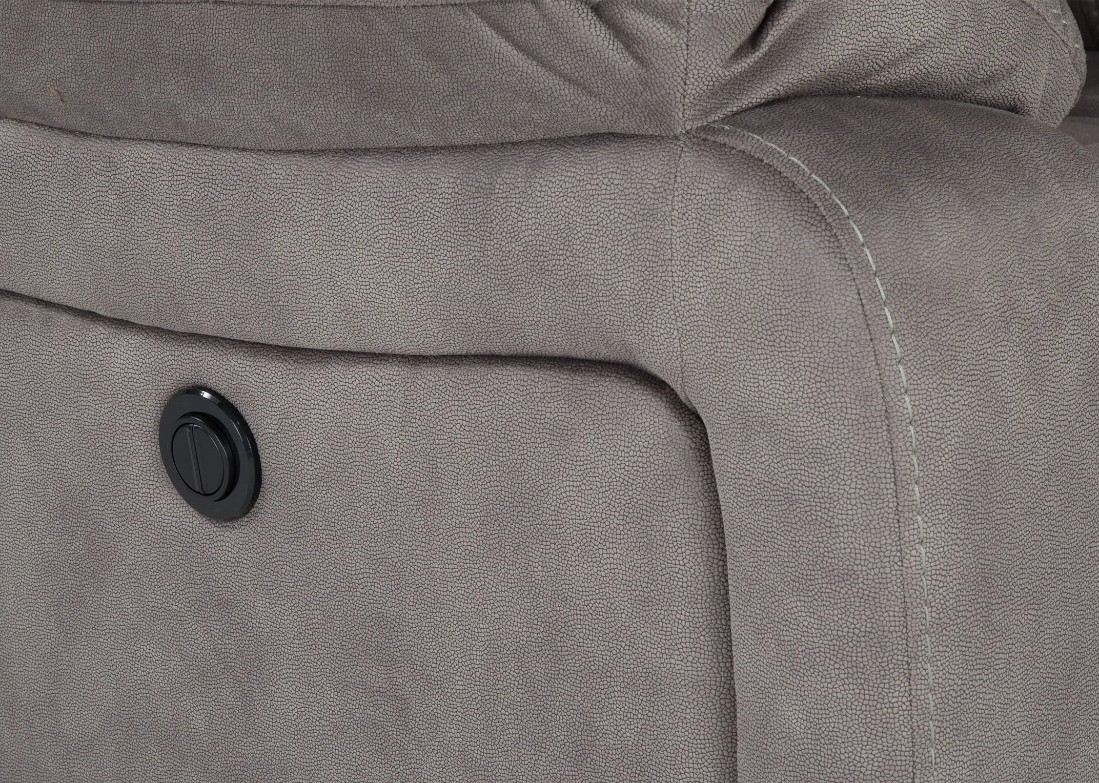 Zoom-angle detail of grey suede Bradford power reclining armchair