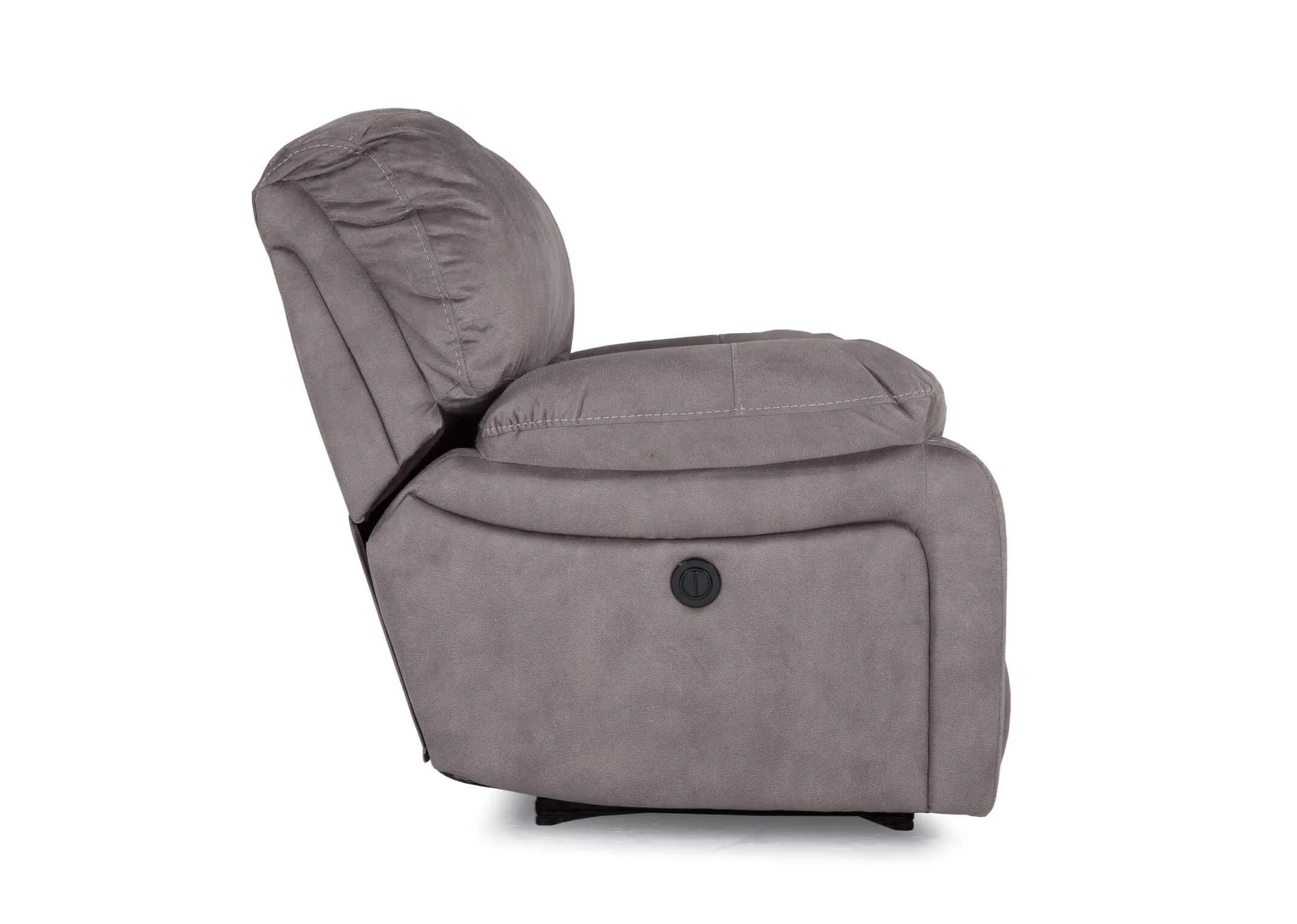View from side of grey suede power reclining Bradford armchair