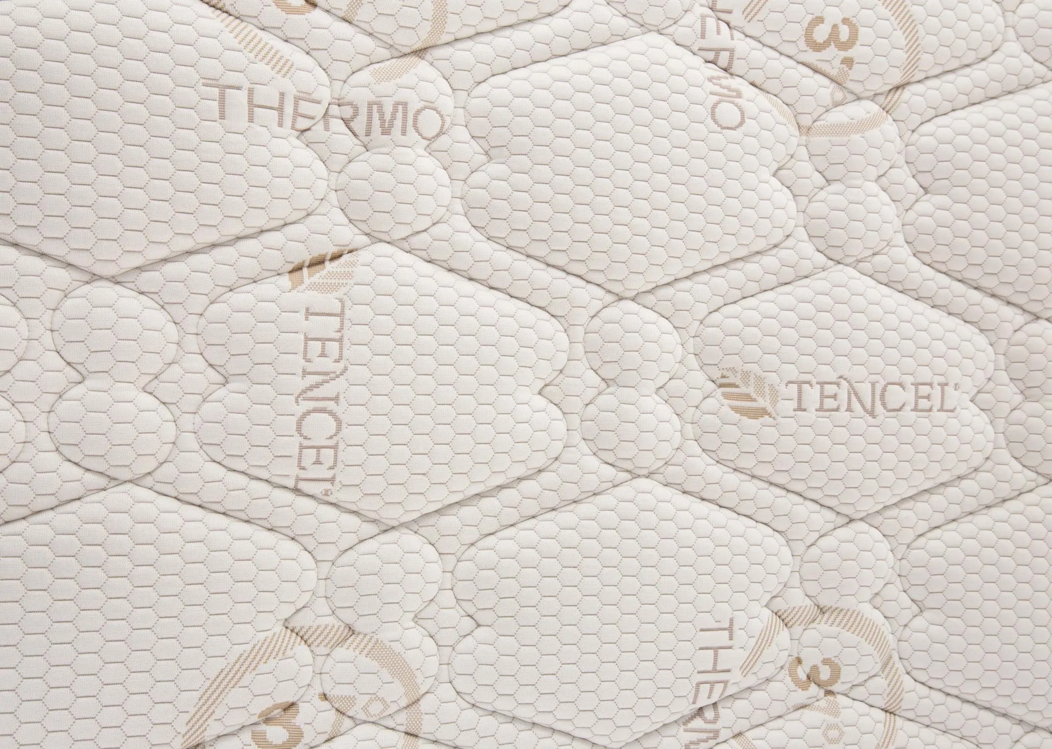 A pocket spring white mattress from EZ Living's Odearest range.Closeup of thermo print on fabric