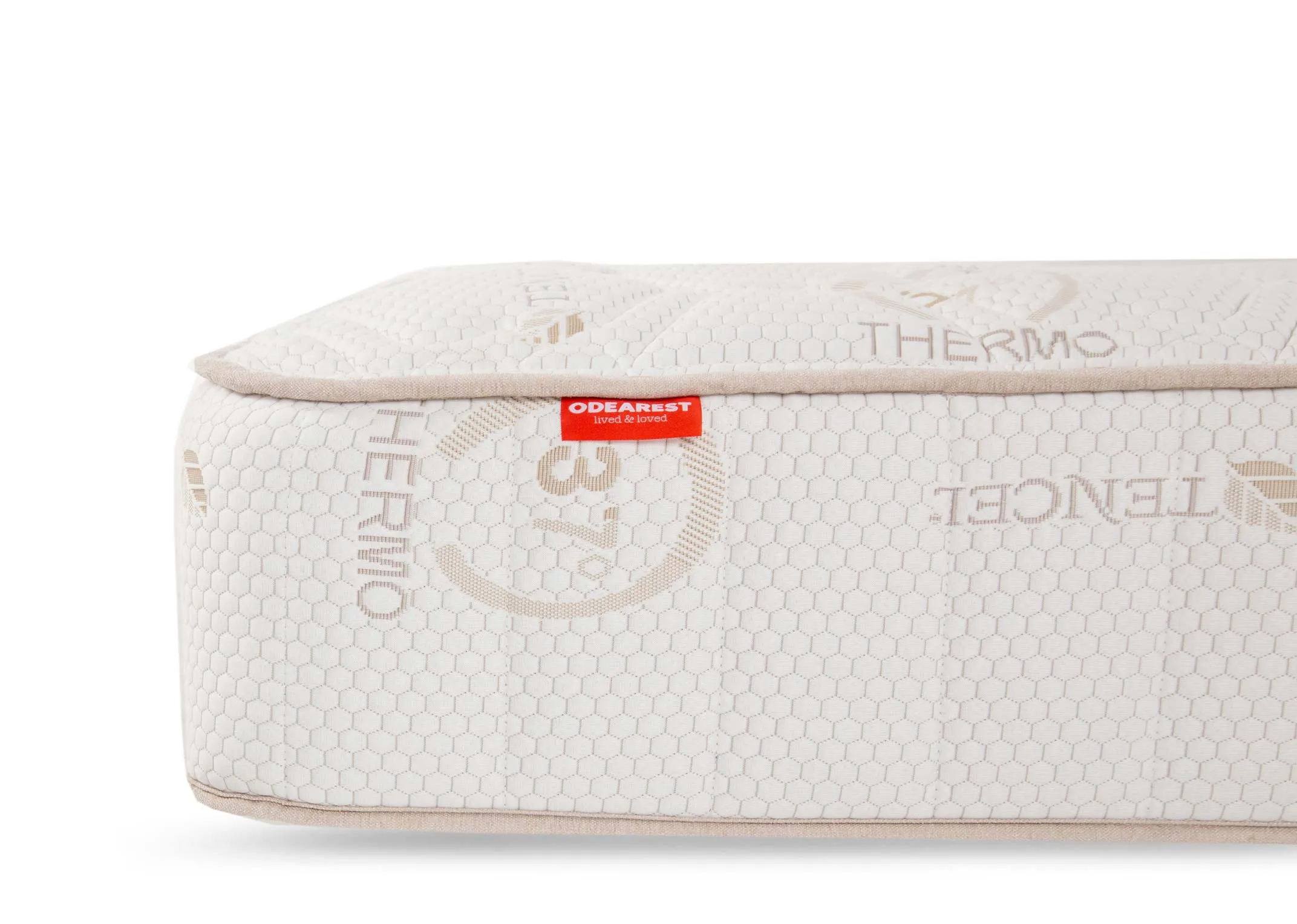 A 6ft pocket spring white mattress from EZ Living's Odearest range.Side view of depth of