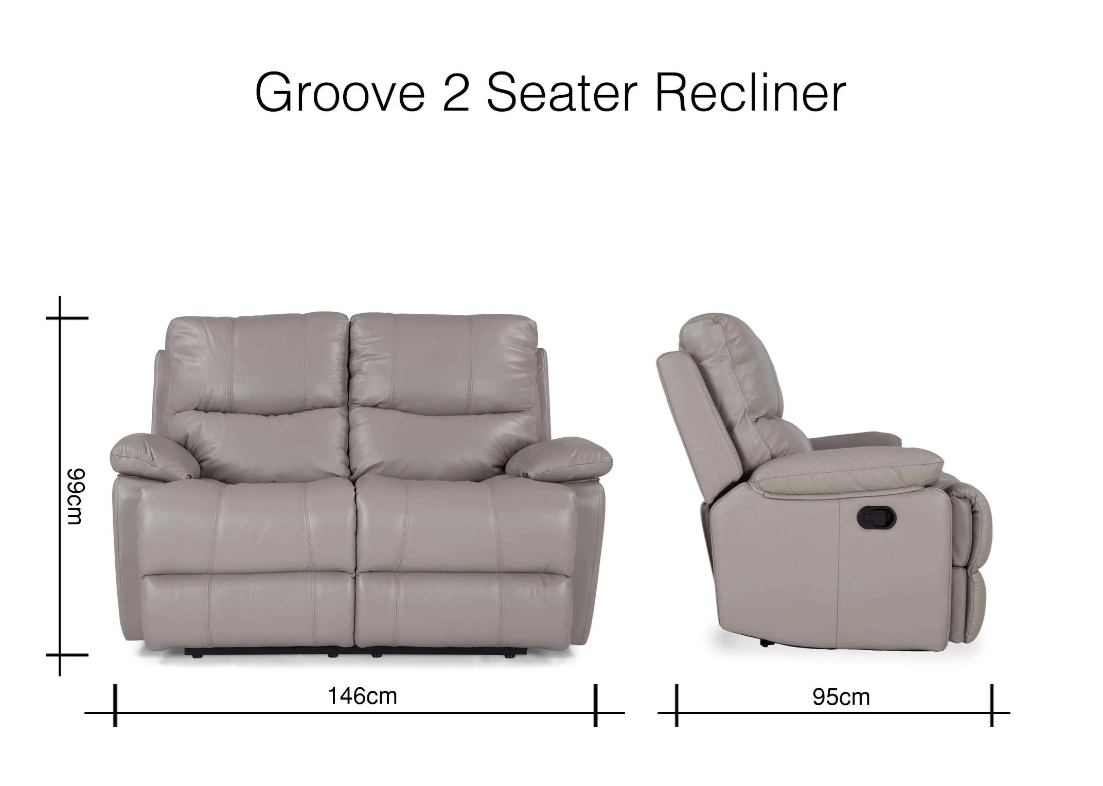 A dimension image for the 2 seater Groove reclining armchair 99cm (Height) x 146cm (Width) x 95cm (Depth)