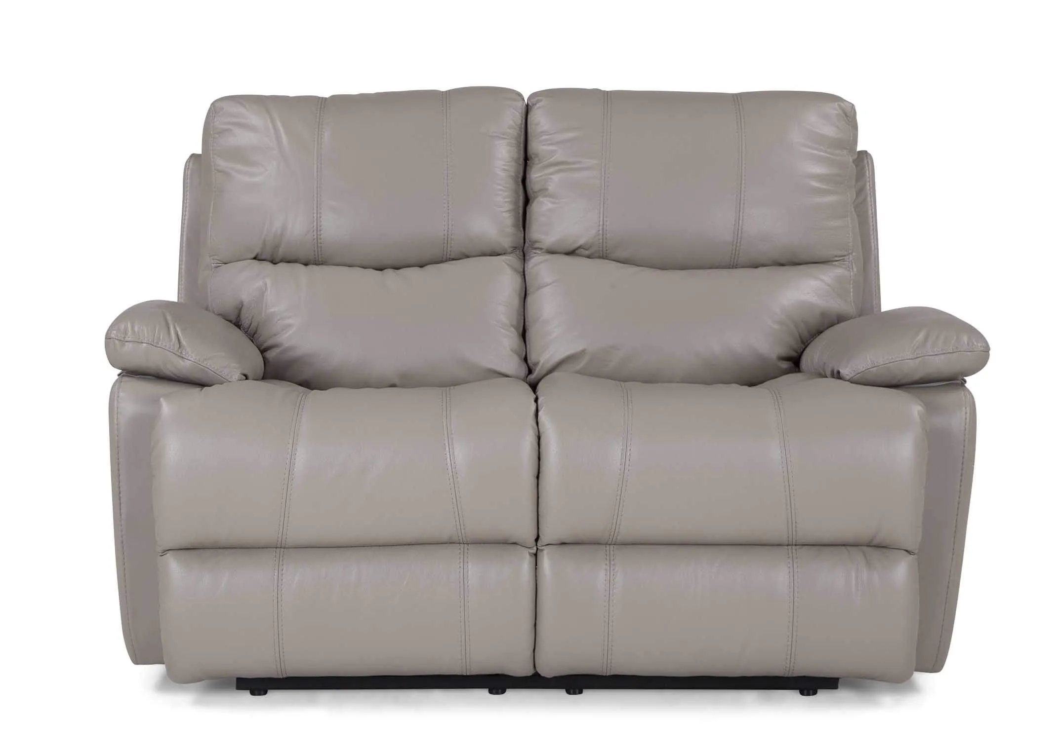 A lifestyle image of the 2 seater Groove grey leather recliner with San Fran living in reclining mode