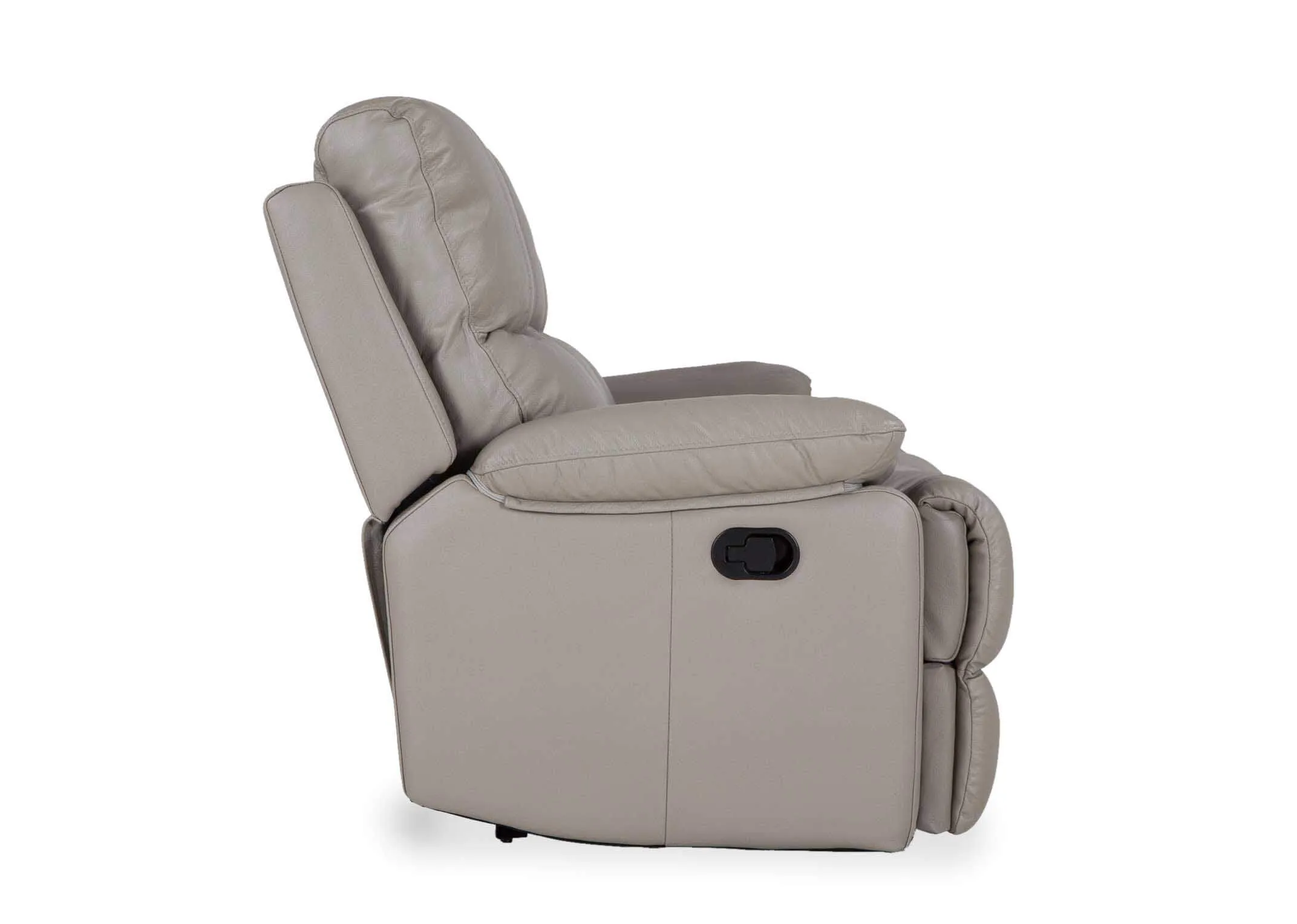 A view from the side of the Groove 2 seater grey leather sofa.