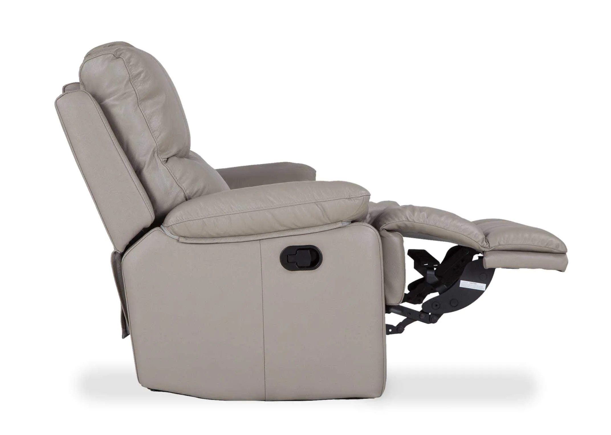 A shot shoing a partially reclined Groove 2 seater grey leather sofa.