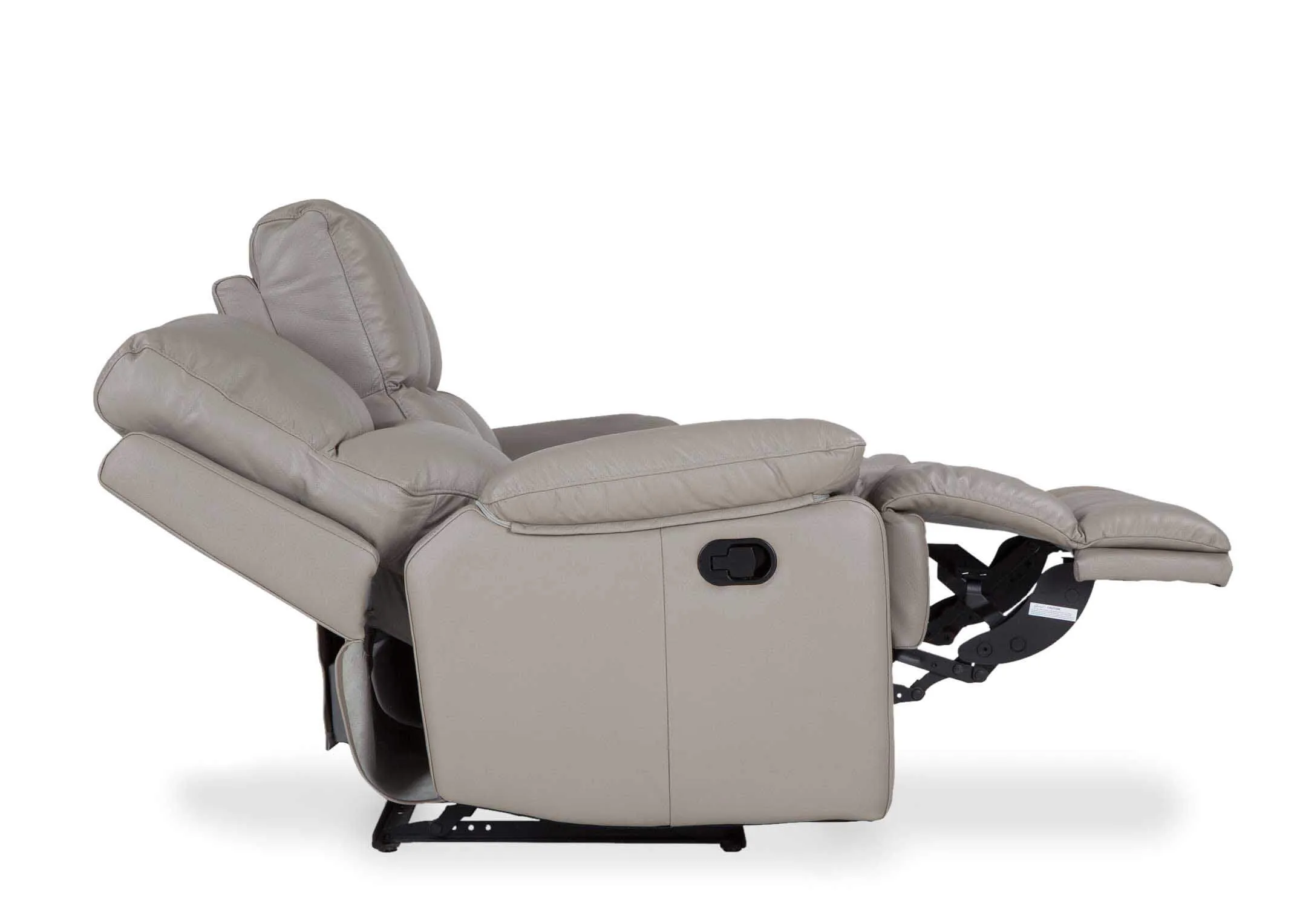 An image showing the fully reclined Groove 2 seater grey leather sofa.