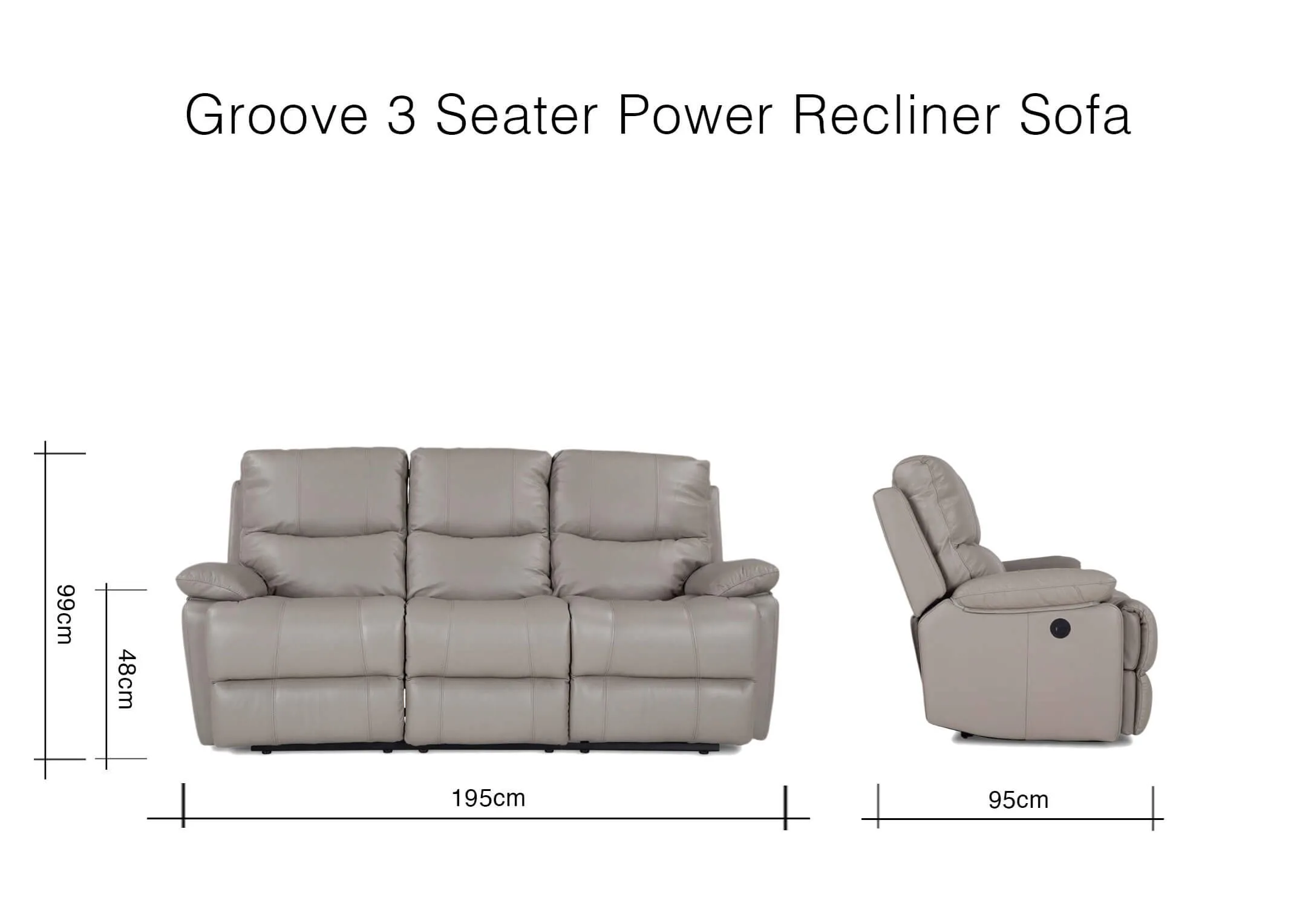 A dimension image of the Groove 2 Seater Grey Power Reclining Sofa with 195cm (Width) x 99cm (Height) x 95cm (Depth)