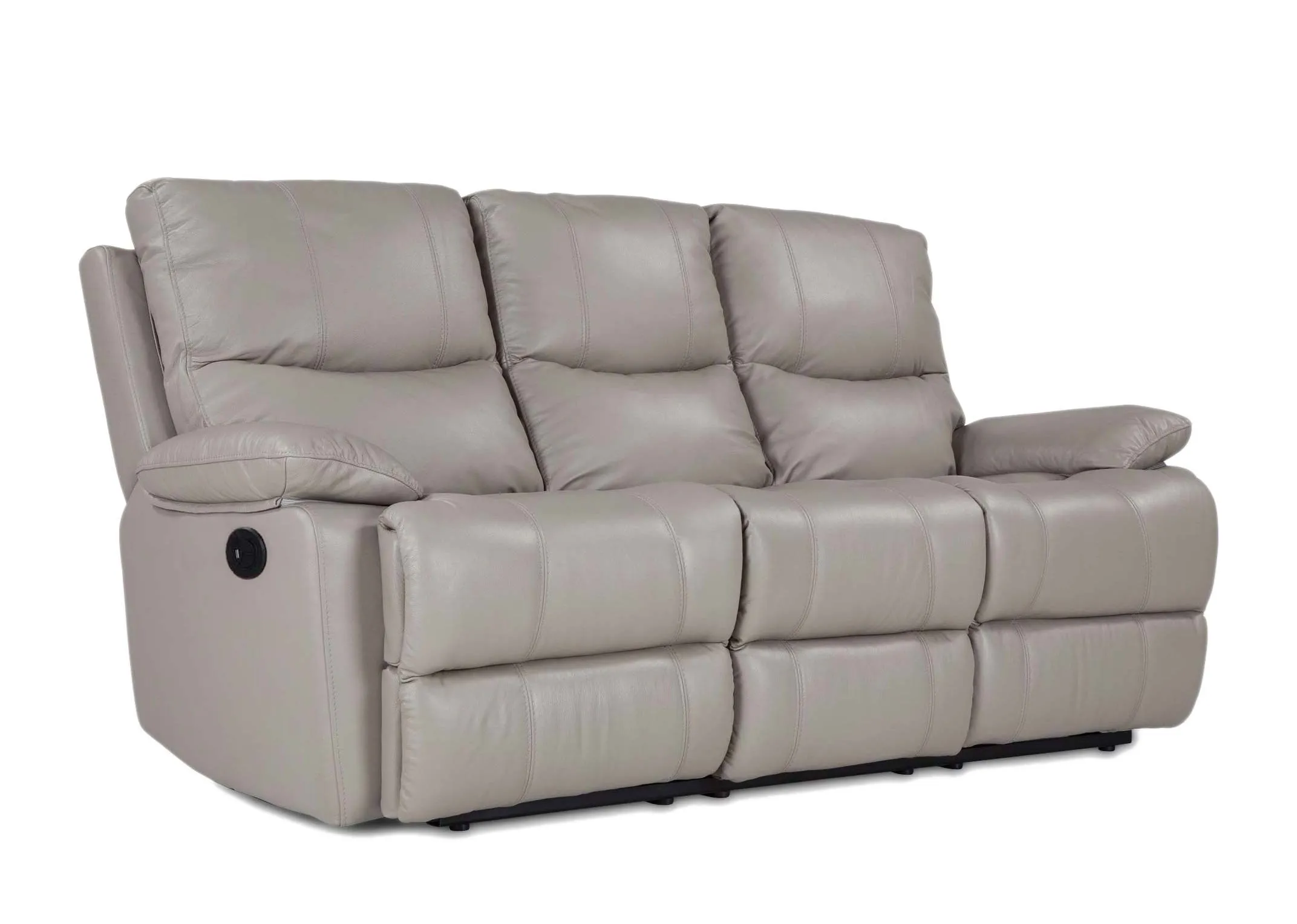 A 3 Seater reclining sofa in soft grey leather from EZ Living Furnitures Groove range. Angled view.