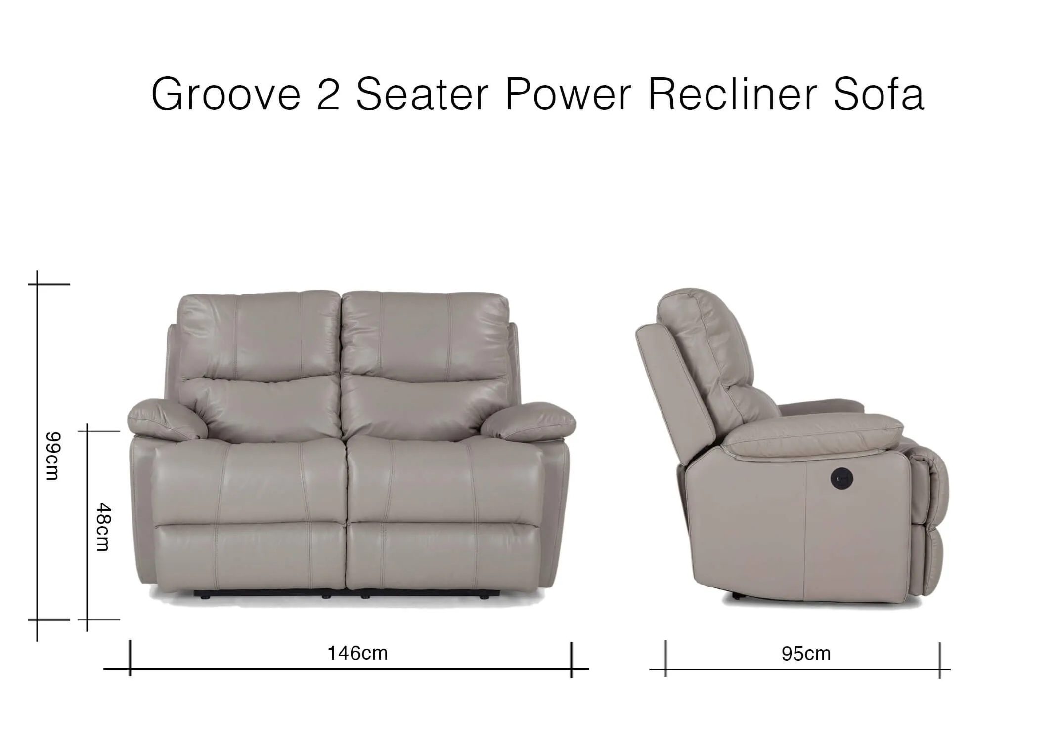 A dimension image of the Groove 2 Seater Grey Power Reclining Sofa with 146cm (Width) x 99cm (Height) x 95cm (Depth)