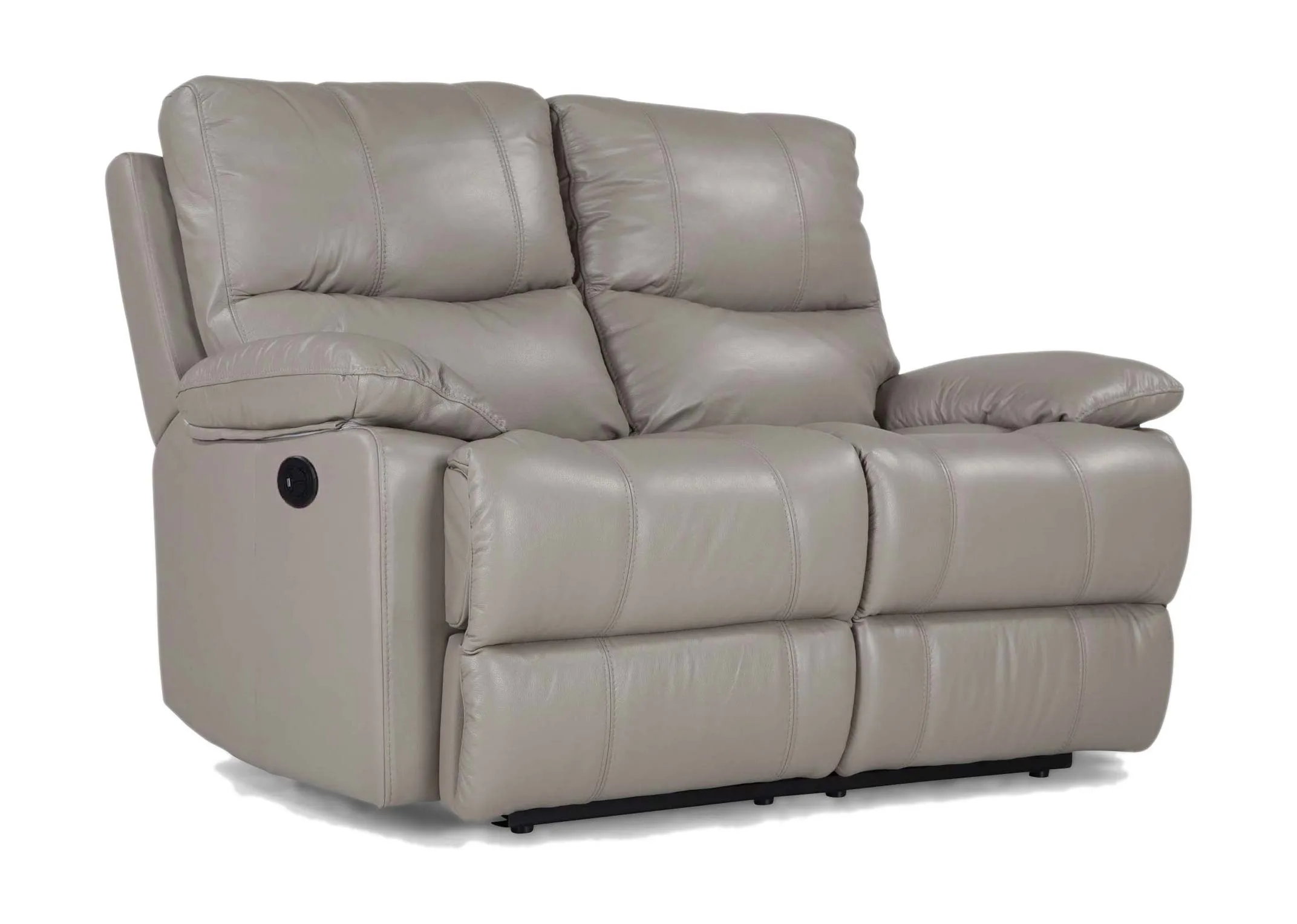 A 2 Seater reclining sofa in soft grey leather from EZ Living Furnitures Groove range. Angled view.