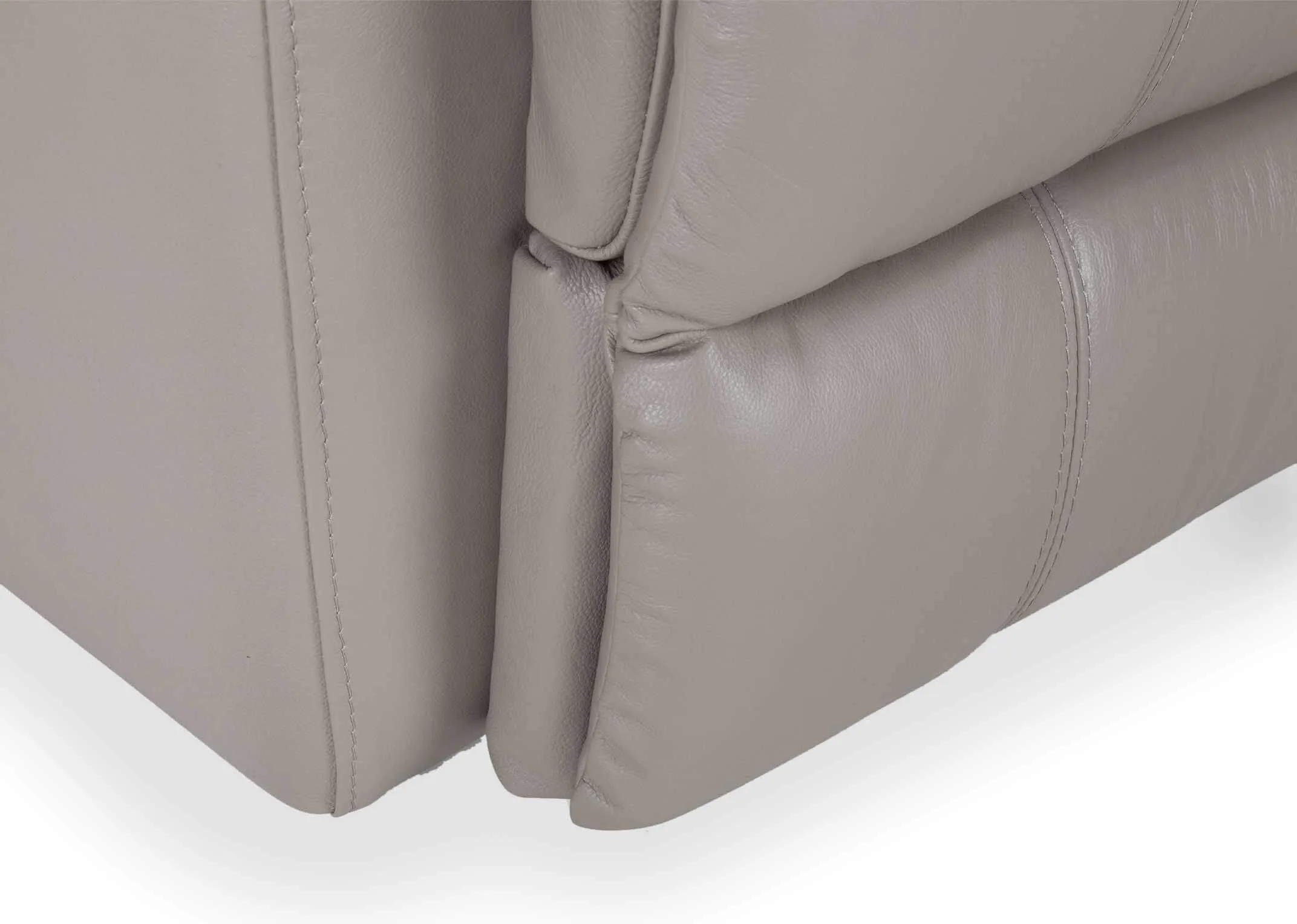A 2 Seater reclining sofa in soft grey leather from EZ Living Furnitures Groove range. Closeup bottom.