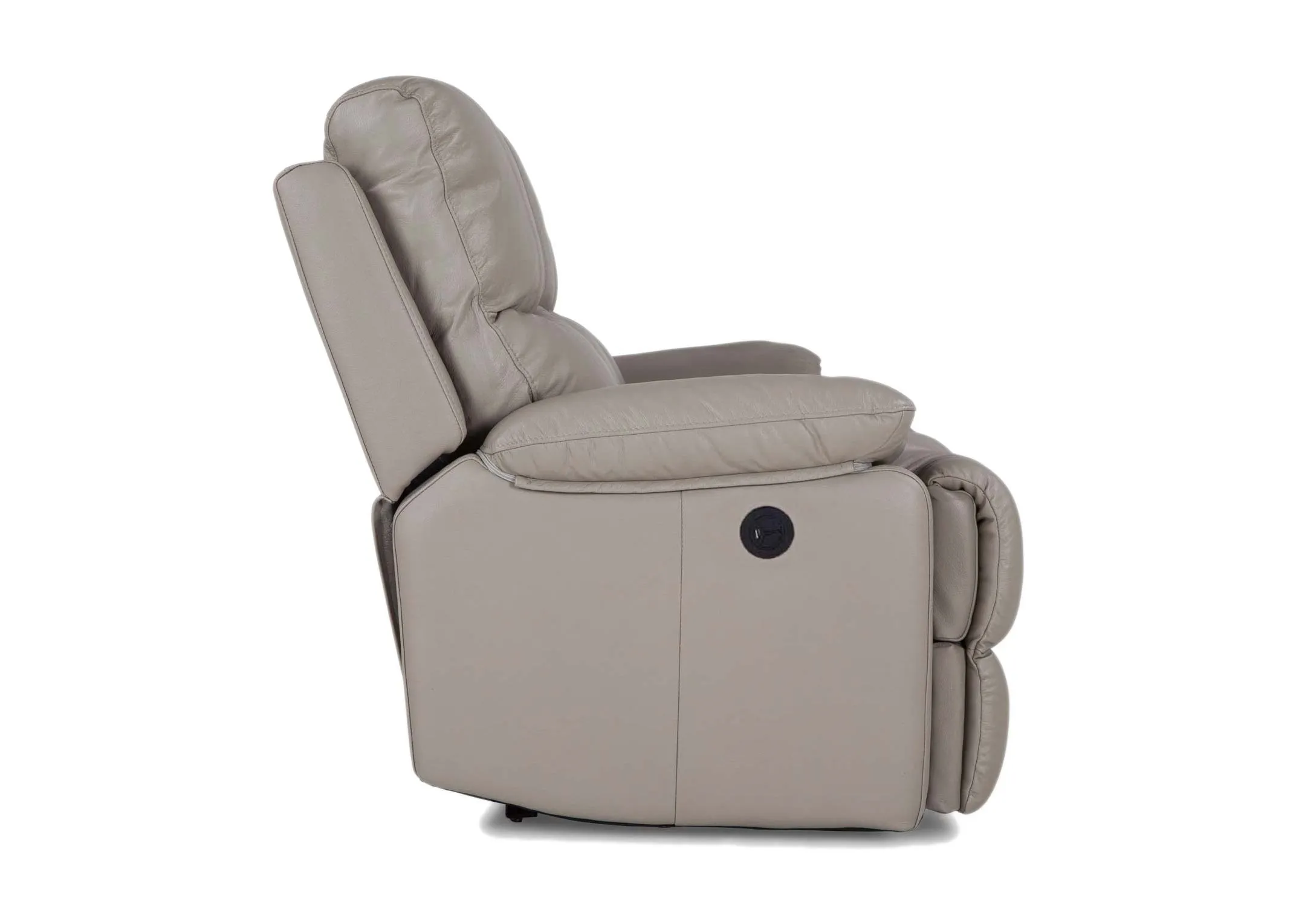 A 2 Seater reclining sofa in soft grey leather from EZ Living Furnitures Groove range. Side View no recline.