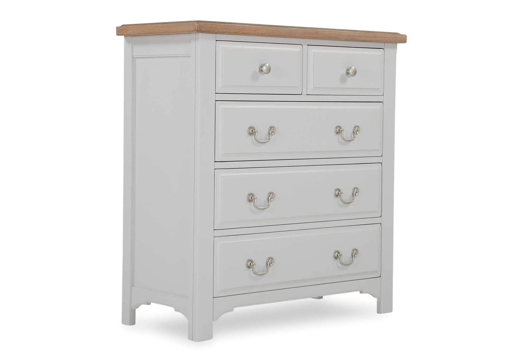 View from side-angle of two over three grey oak Georgia chest of drawers with metallic handles