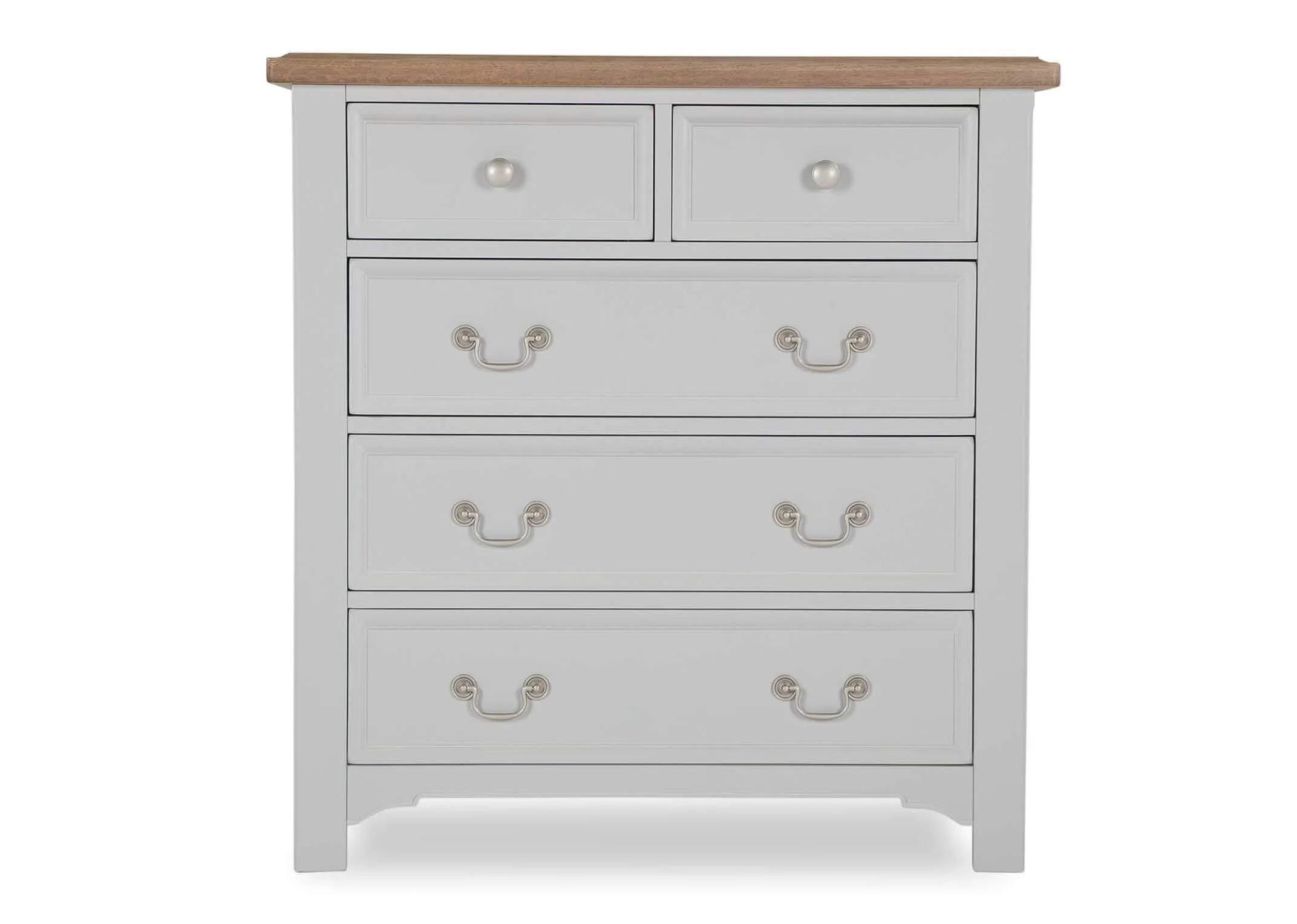 Front view of two over three grey oak Georgia chest of drawers with metallic handles