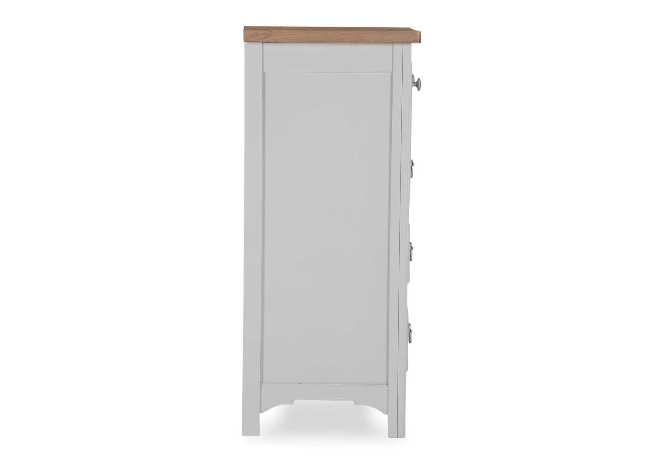 Side-view of two over three grey oak Georgia chest of drawers with metallic handles