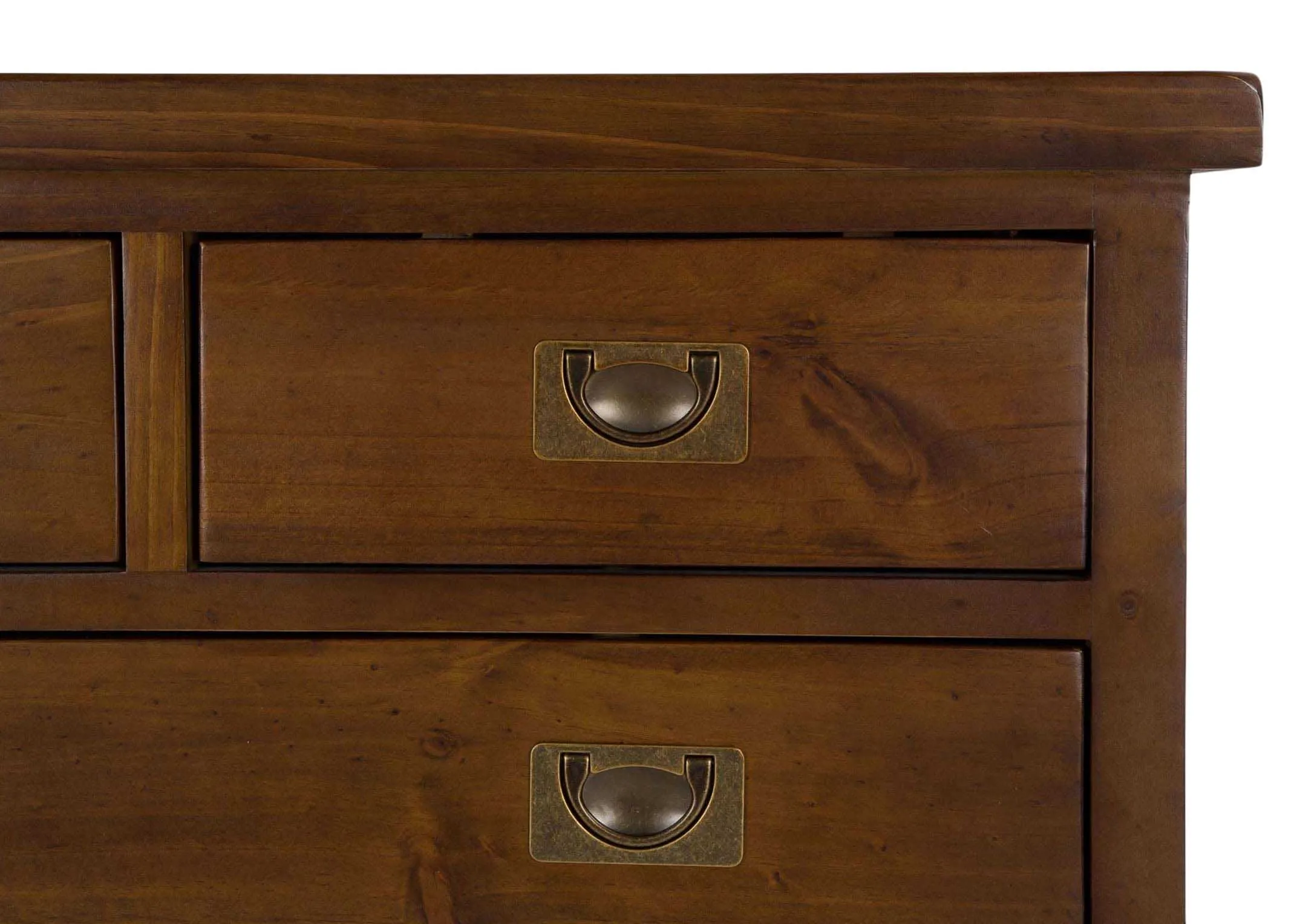 Detailed view of front of five drawer dark solid wood classic chest Aisling