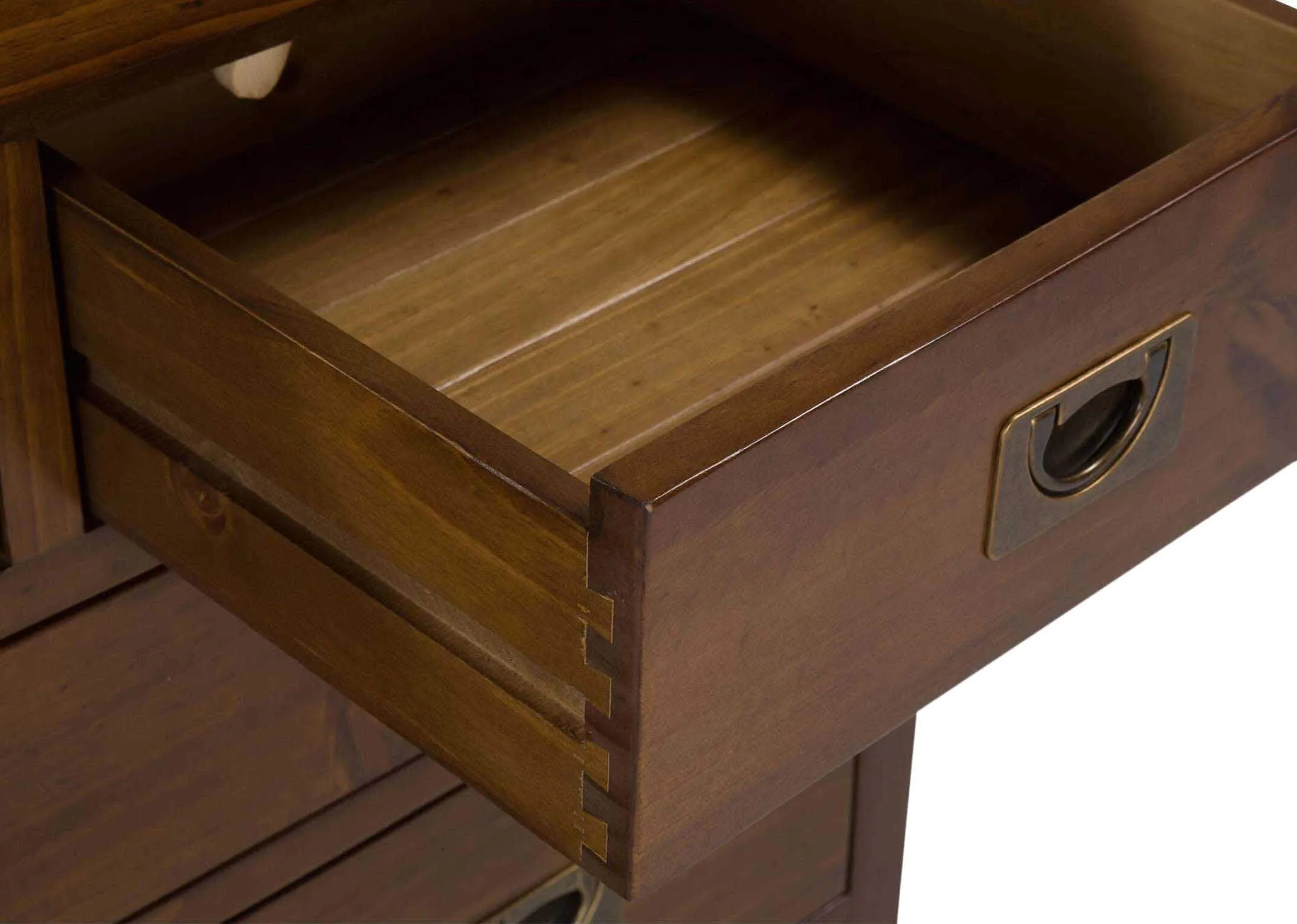 Detailed view of top of five drawer dark solid wood classic chest Aisling