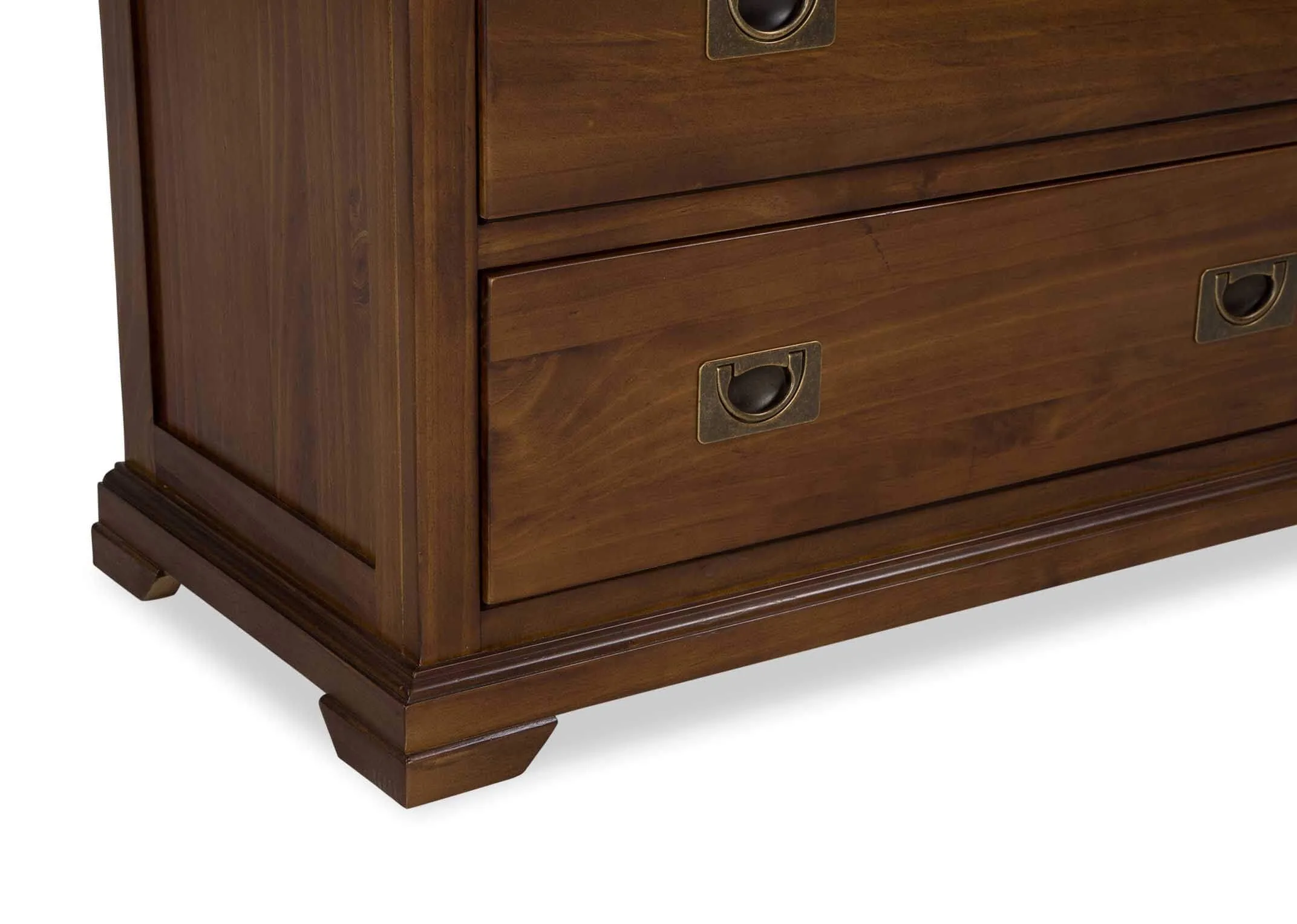 Detailed view of legs of five drawer dark solid wood classic chest Aisling