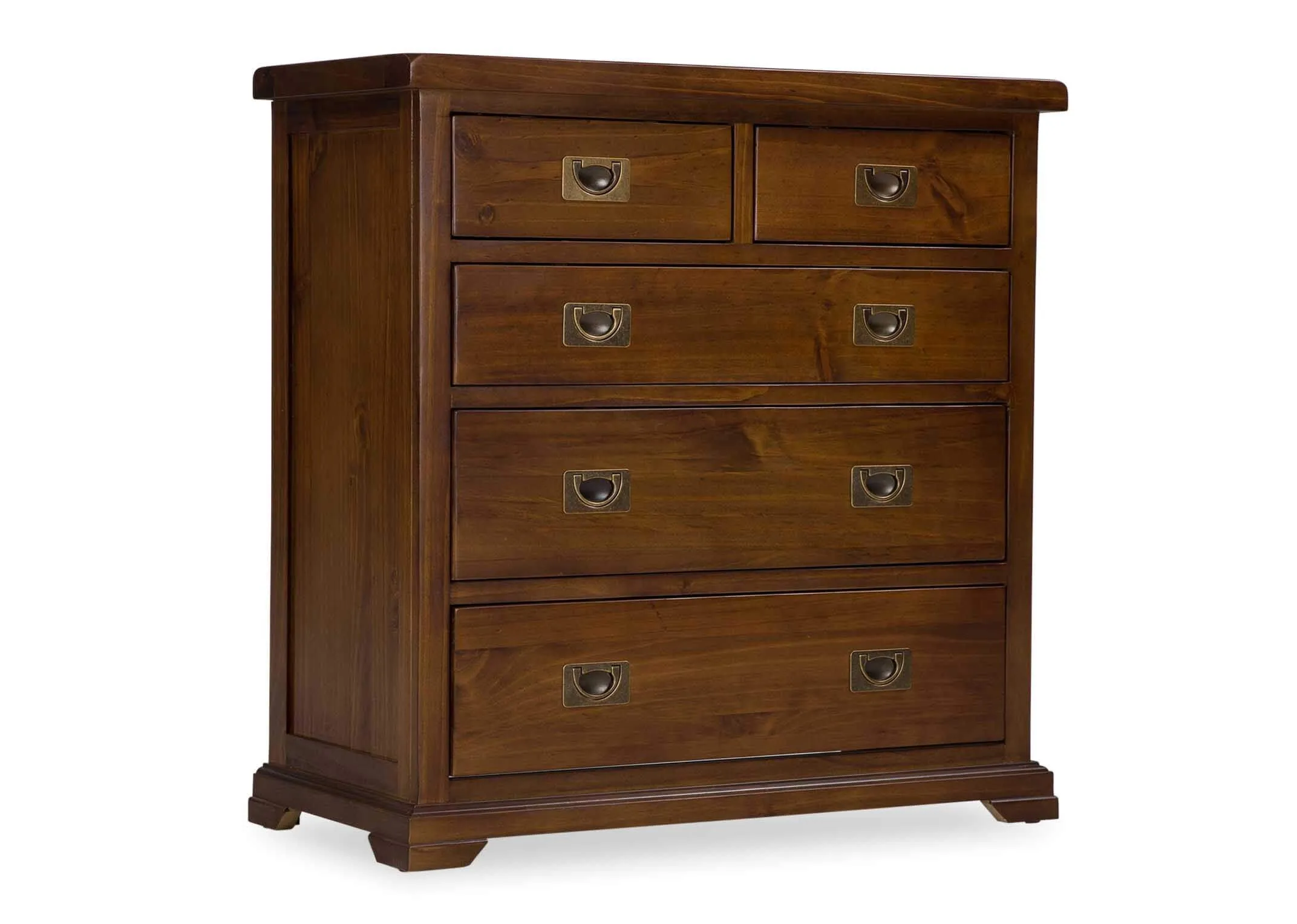 View of front and side of five drawer dark solid wood classic chest Aisling