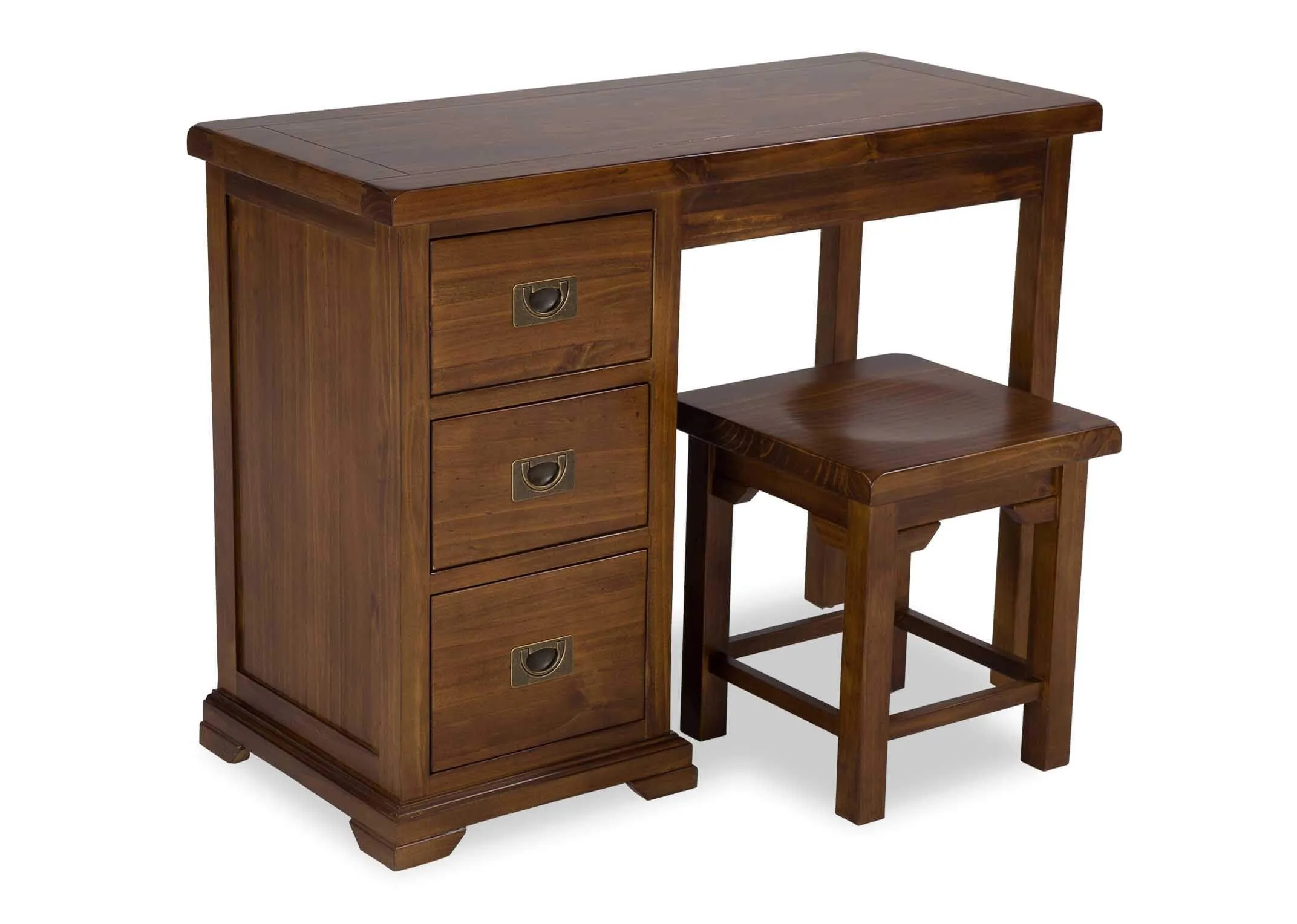 Angled shot of three-drawer dark solid wood dressing table and stool Aisling