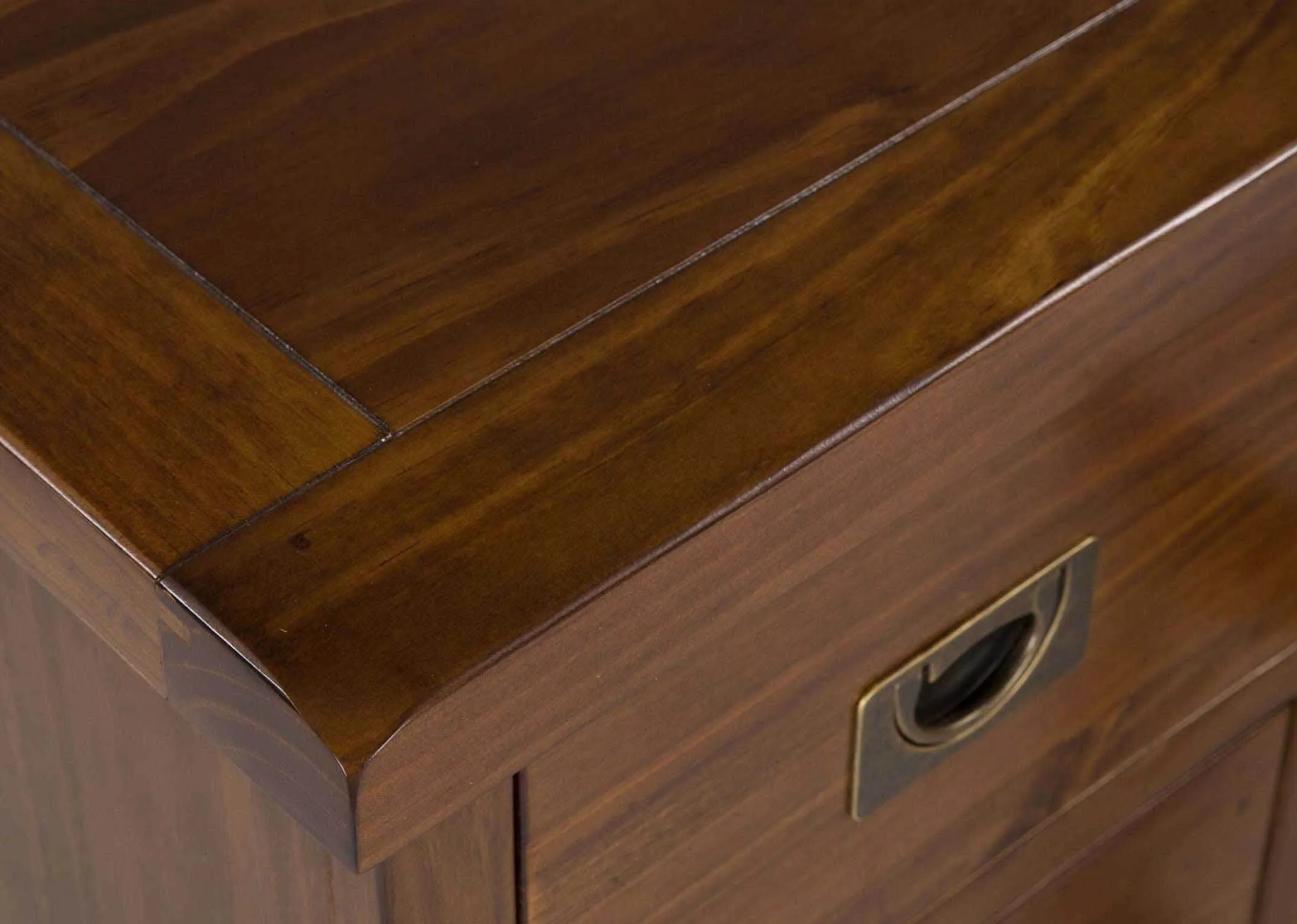 Detailed view of top of three-drawer dark solid wood dressing table and stool Aisling