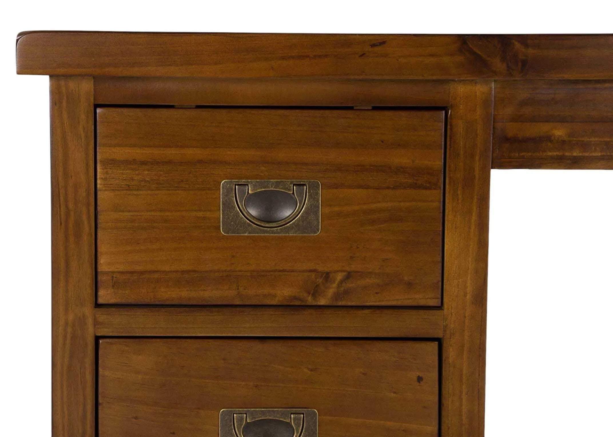 Detailed view of front of three-drawer dark solid wood dressing table and stool Aisling