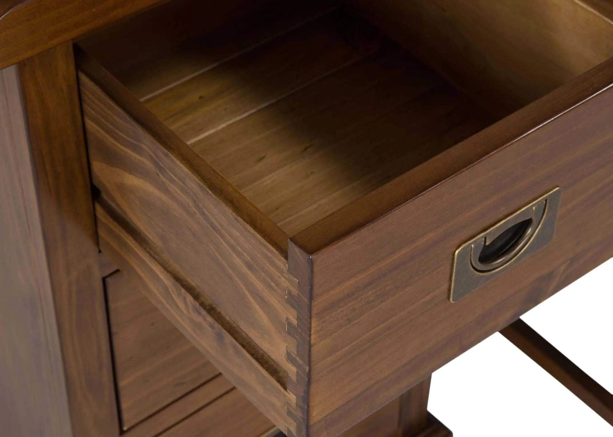 Detailed view of drawer and its interior of three-drawer dark solid wood dressing table and stool Aisling