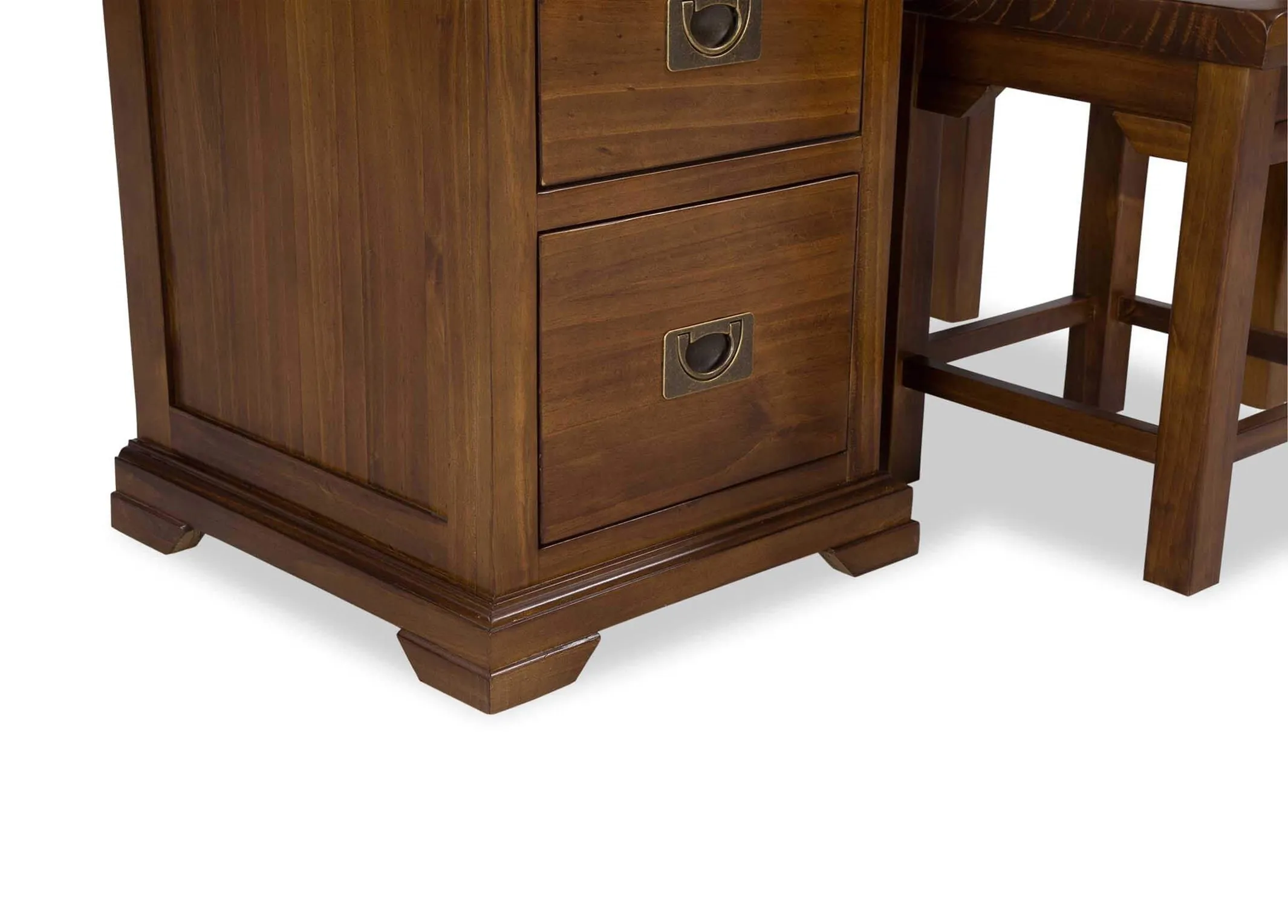 Detailed view of legs of three-drawer dark solid wood dressing table and stool Aisling