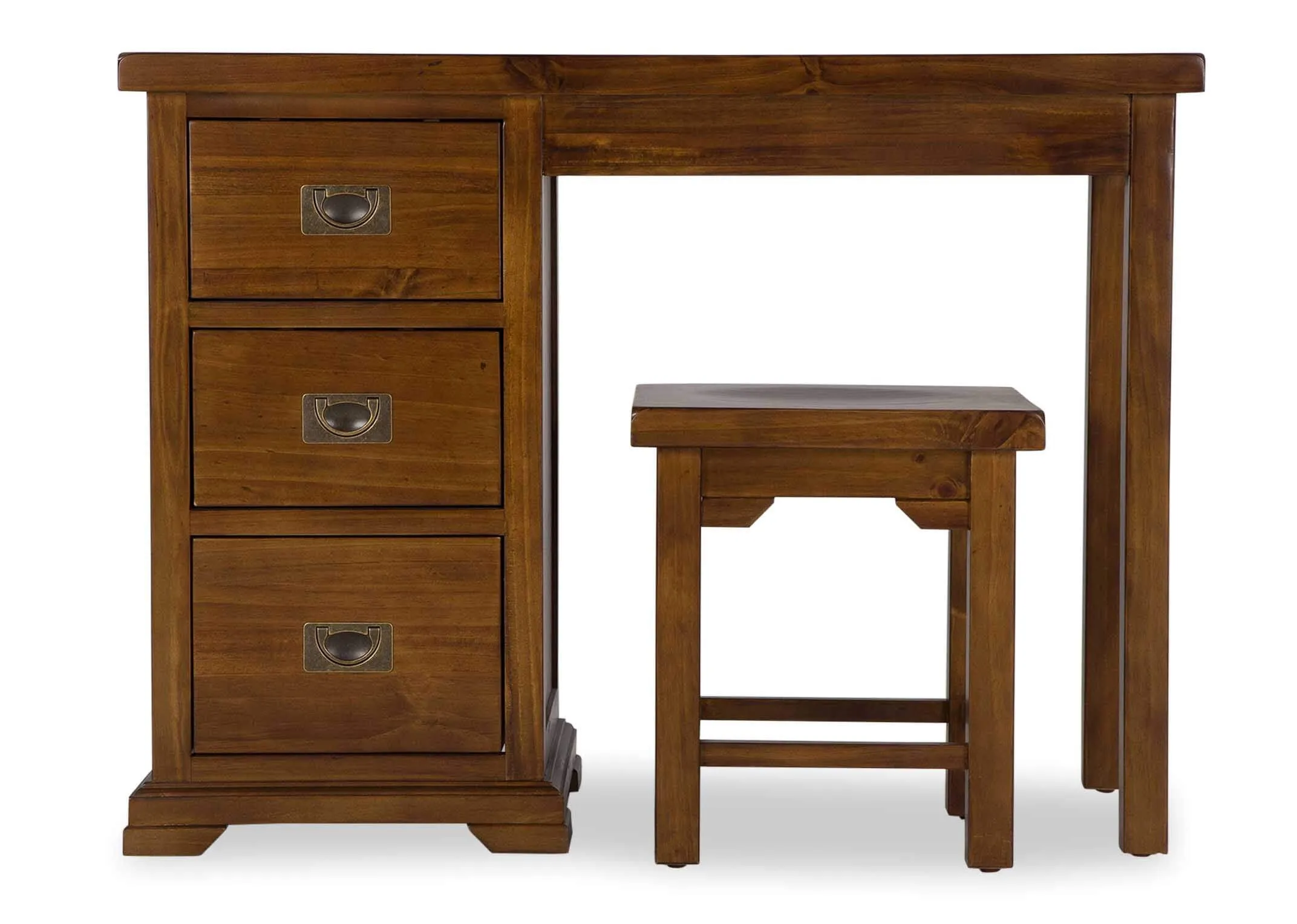 Front view of three-drawer dark solid wood dressing table and stool Aisling